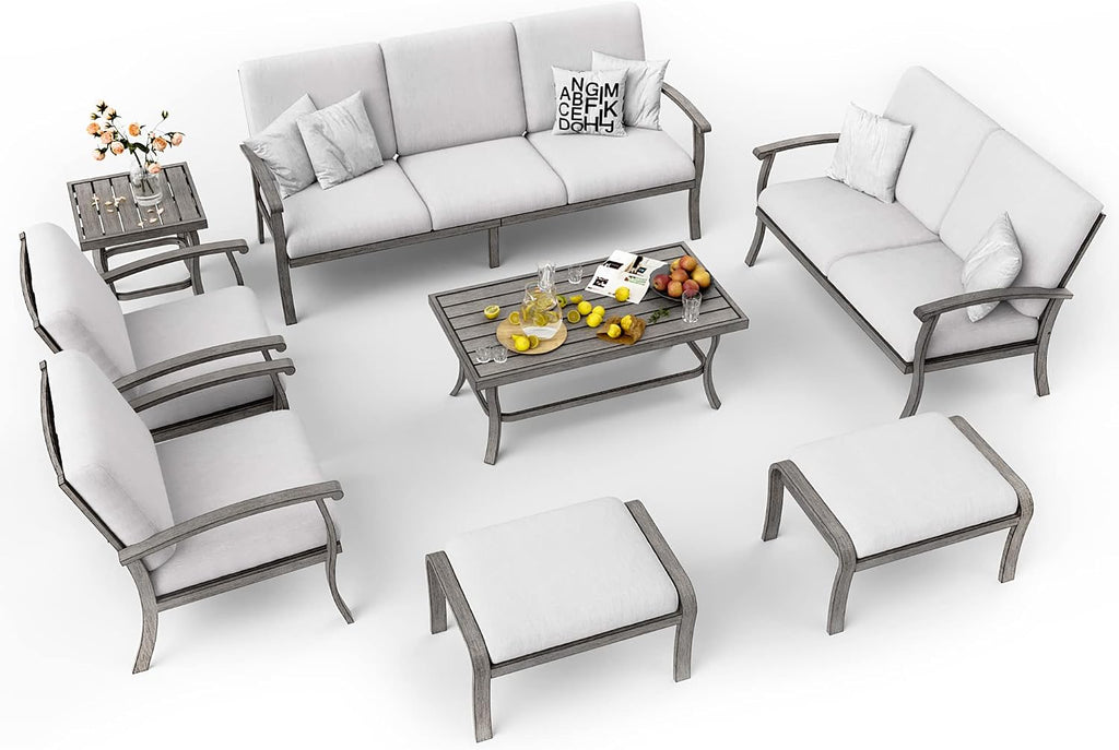 HAPPATIO 8 Piece Aluminum Patio Furniture Set, 3-Seat Outdoor Couch and Loveseat, All-Weather Outdoor Sectional Sofa with Armchairs and Ottomans, Garden Conversation Set with Tables(Gray)