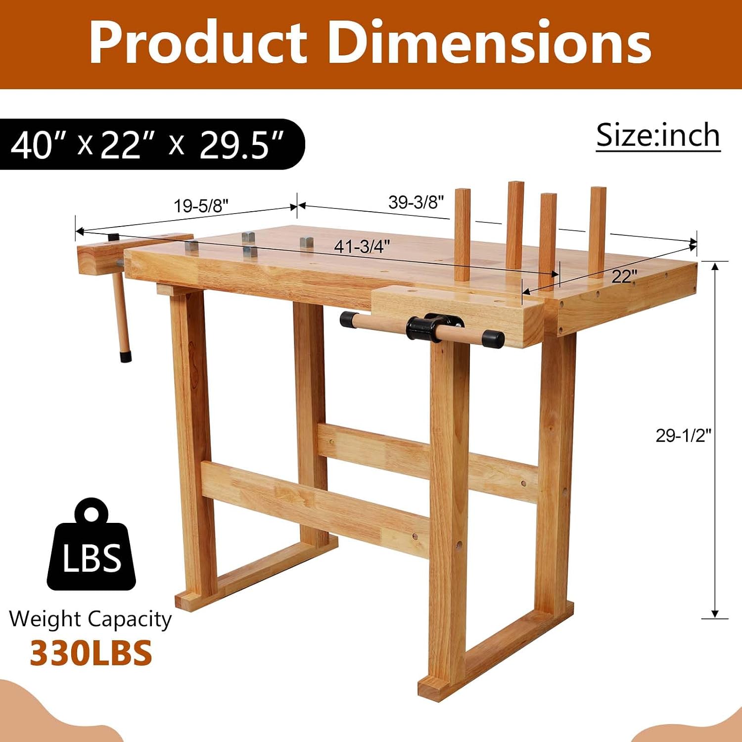 40' Rubber Wood Workbench, Heavy Duty Work Bench with Adjustable Handle, Work Bench Table for Garage, Workshop, Home Storage, Woodworking Bench, 330 lbs Weight Capacity (40')
