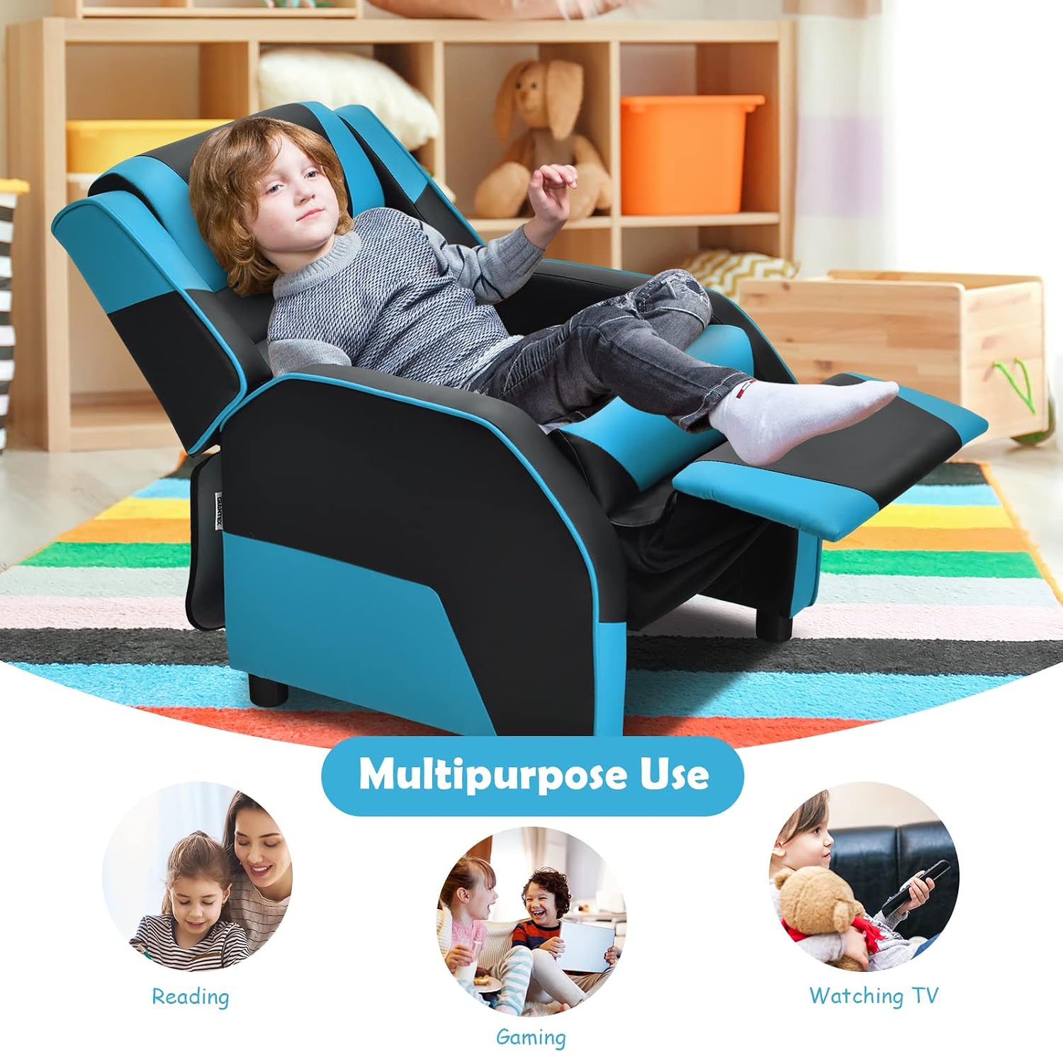 ARLIME Kids Recliner, PU Leather Kid Lounge Chair w/Footrest, Armrest, Headrest & Lumbar Support, Adjustable Gaming Toddler Sofa Armchair for Boys Girls (Blue)