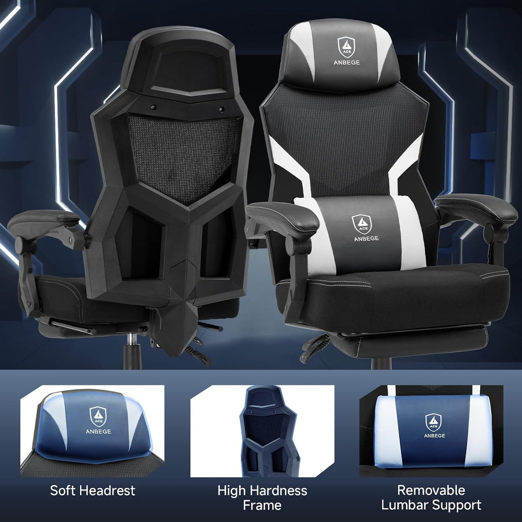 Ergonomic Mesh Video Gaming Chair with Footrest, Height Adjustable Computer Chair with Lumbar Support, High-Back Breathable Reclining Swivel Chair for Adults Home Office & Work (White)