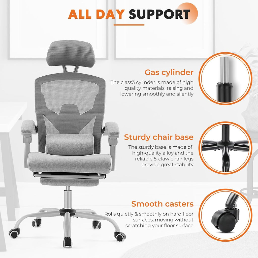 Sweetcrispy Office Computer Desk Chair Set of 2, Ergonomic High-Back Mesh Rolling Work Swivel Chairs with Wheels, Comfortable Lumbar Support, Comfy Arms for Home, Bedroom, Study, Student, Light Grey