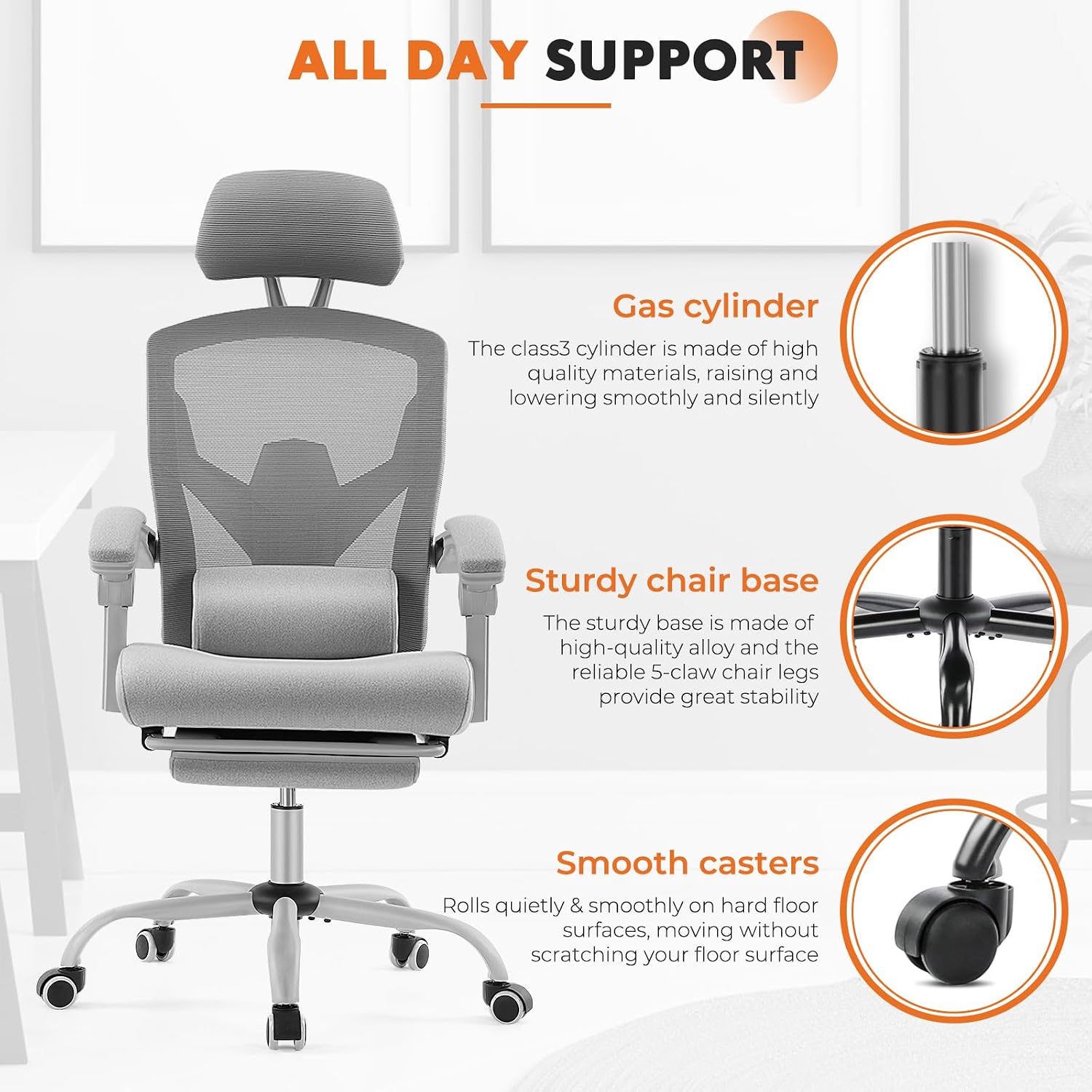Sweetcrispy Office Computer Desk Chair Set of 2, Ergonomic High-Back Mesh Rolling Work Swivel Chairs with Wheels, Comfortable Lumbar Support, Comfy Arms for Home, Bedroom, Study, Student, Light Grey