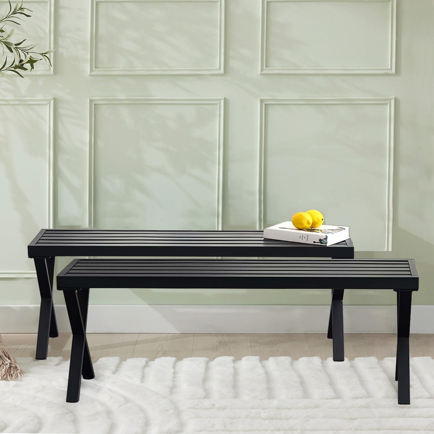Outdoor Metal Backless Bench Set of 2, Weatherproof Patio Bench with Slatted Seat, X-Shaped Legs, All-Weather Garden Bench for Porch, Patio, Lawn and Backyard, Black