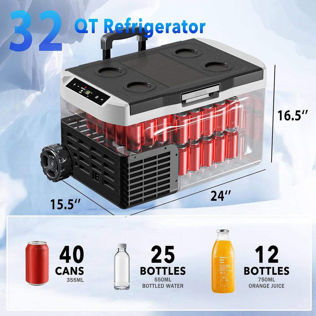 12 Volt Refrigerator, 32QT(30L) Compressor Electric Cooler, Car Fridge -4℉~68℉, Portable Refrigerator 12V/24V DC 110-240V AC, Compact Freezer for Vehicle RV Camping Truck Boat Travel, Black