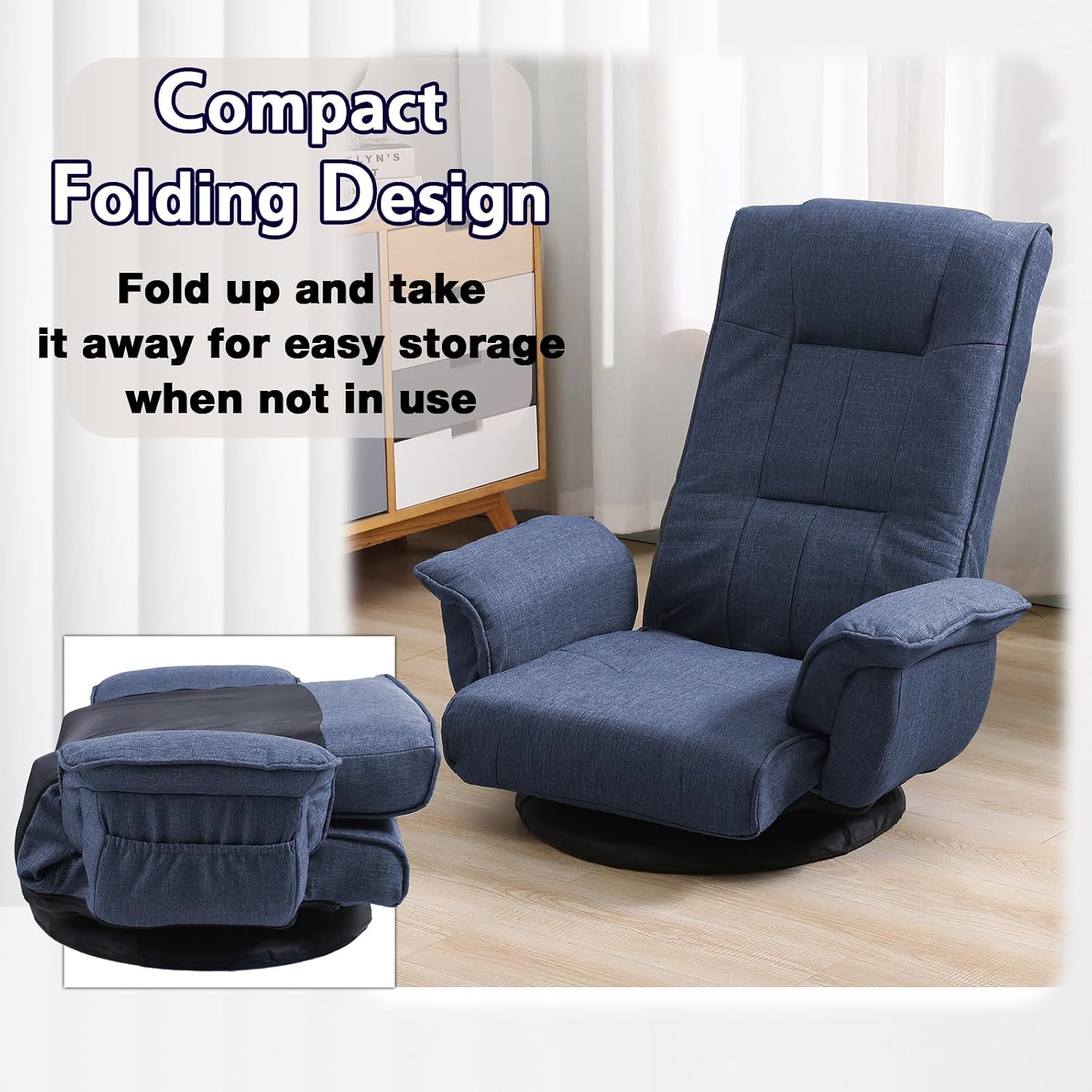 360 Degree Swivel Floor Chairs for Adults, Gaming Floor Chair with Back Support, 14 Angles Adjustable Comfortable Floor Lounge Chair Folding Video Game Chairs Office Bedroom 201(Blue)