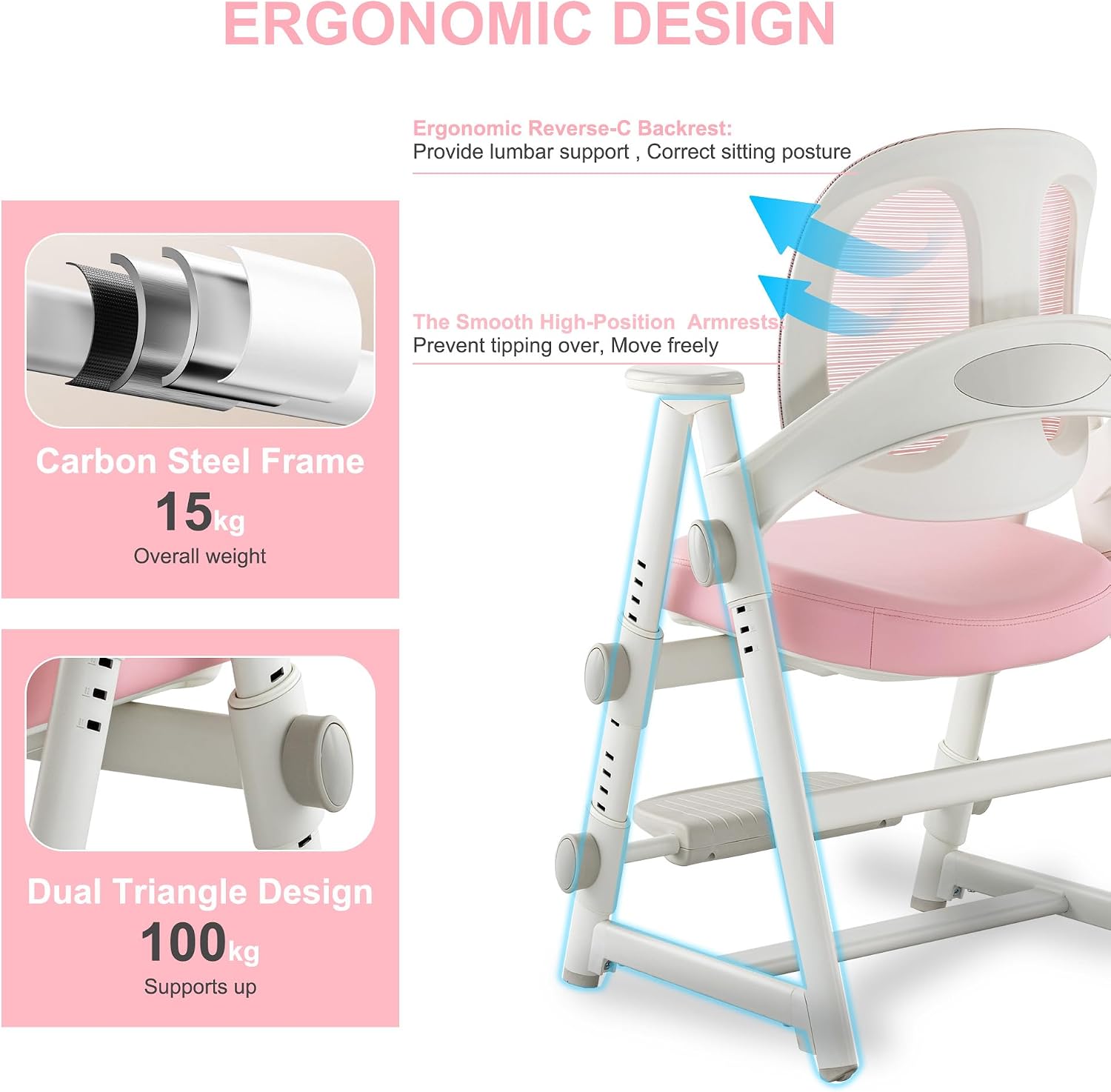 Ergonomic Kids' Study Chair, Height Adjustable Kids Desk Chair for Boys Girls,Comfortable for Teenagers Playing, Drawing, Ideal Gift for Children,Students（Pink）