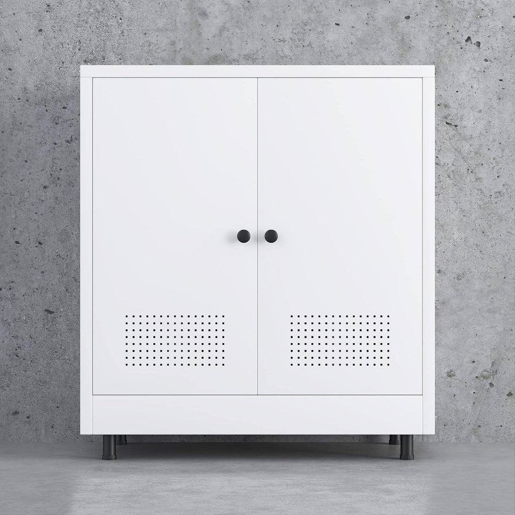 Metal Storage Cabinet with 2 Doors and Adjustable Shelf, Free Standing Accent Sideboard Buffet Cabinet for Home, Office, Entryway, Hallway, Living Room, Kitchen and Dining Room (White)