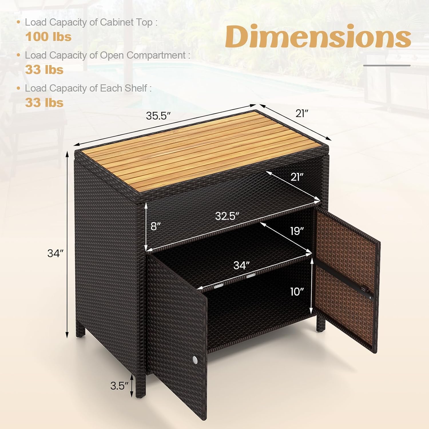 RELAX4LIFE Wicker Outdoor Bar Cabinet - PE Rattan Patio Bar Table w/Acacia Wood Countertop, Open Shelf & 2 Doors, Buffet Sideboard Organizer for Garden Backyard Pool, Outside Storage Cabinet (Brown)