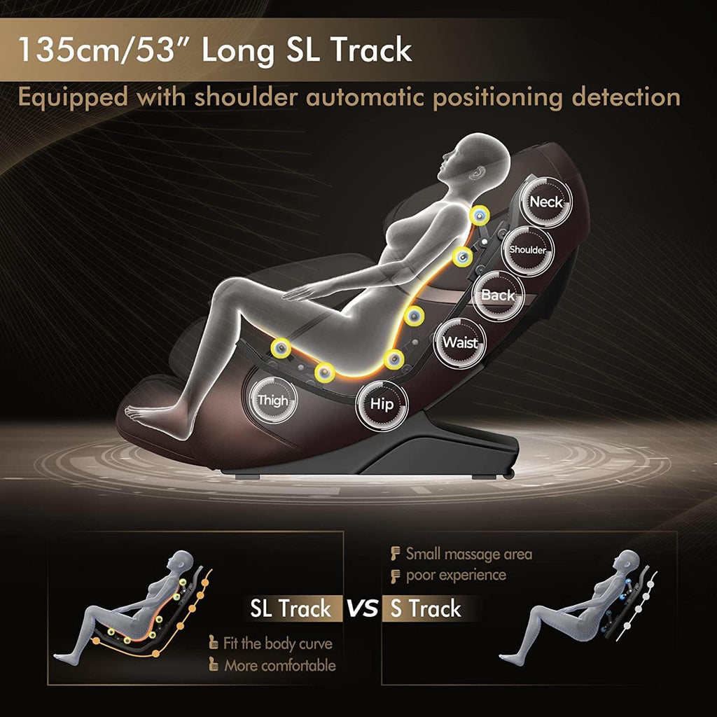 COSTWAY Massage Chair, Full Body Zero Gravity Massage Recliner with 12 Auto Modes, 53-Inch SL Track, 28 Airbags, Thai Stretch, Bluetooth Speaker, Foot Roller, Heat Therapy, Space-Saving, Coffee