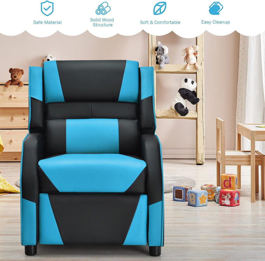 HONEY JOY Kids Recliner, Youth Game Reclining Chair w/Headrest & Back Pillow, Upholstered Leather Lounge Chair for Boys Girls, Manual Adjustable Toddler Single Sofa Chair for Living Room (Blue)