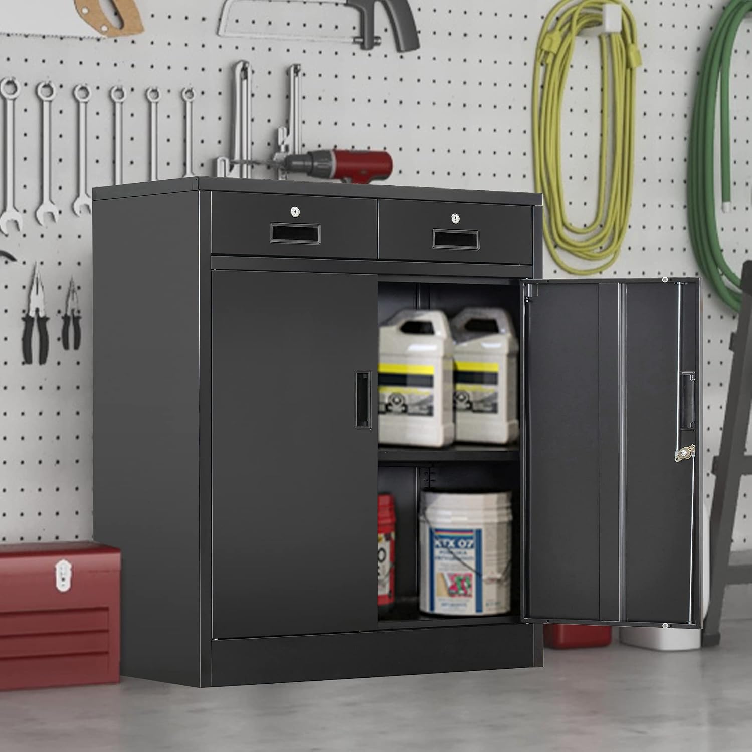 Wanfu Metal Storage Cabinet, 36' H Locking Storage Cabinet with 2 Drawers and Adjustable Shelf, Metal Cabinets for Office, Garage, Home-Black