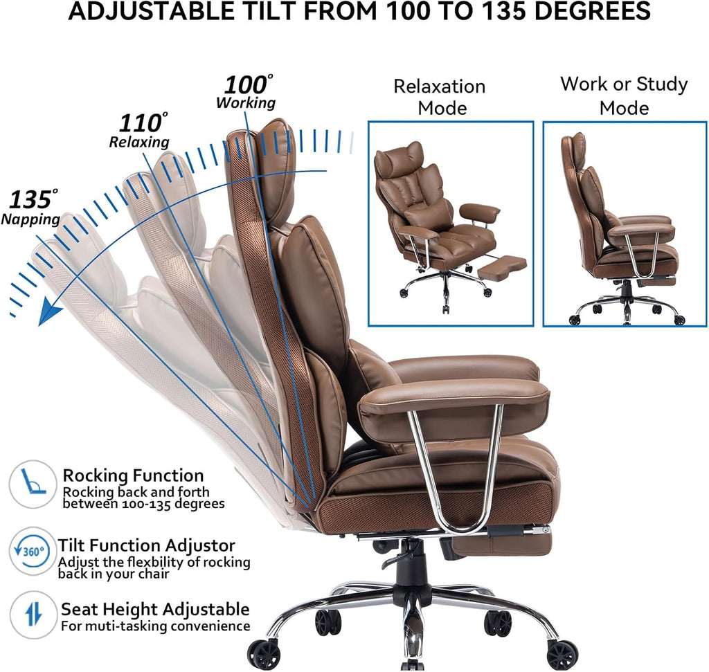 Efomao Executive Office Chair for Heavy People, High Back Chair with Foot Rest, Height Adjustable PU Leather Office Chair,Big and Tall Office Chair, Matte Brown Office Chair