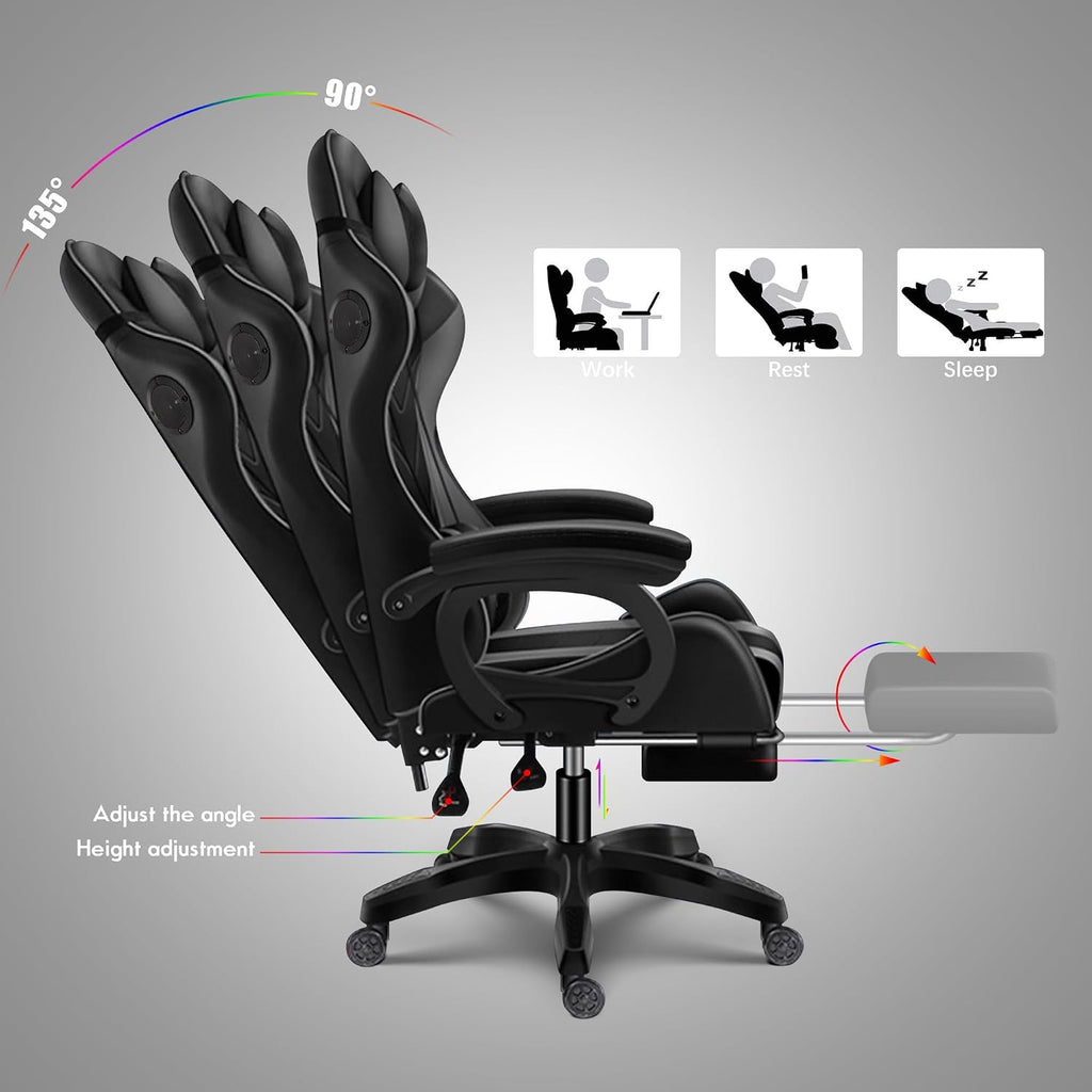 RGB Gaming Chair with Speakers and Massage, Racing Computer Chair with Massage and Footrest for Office or Gaming. (All Black)