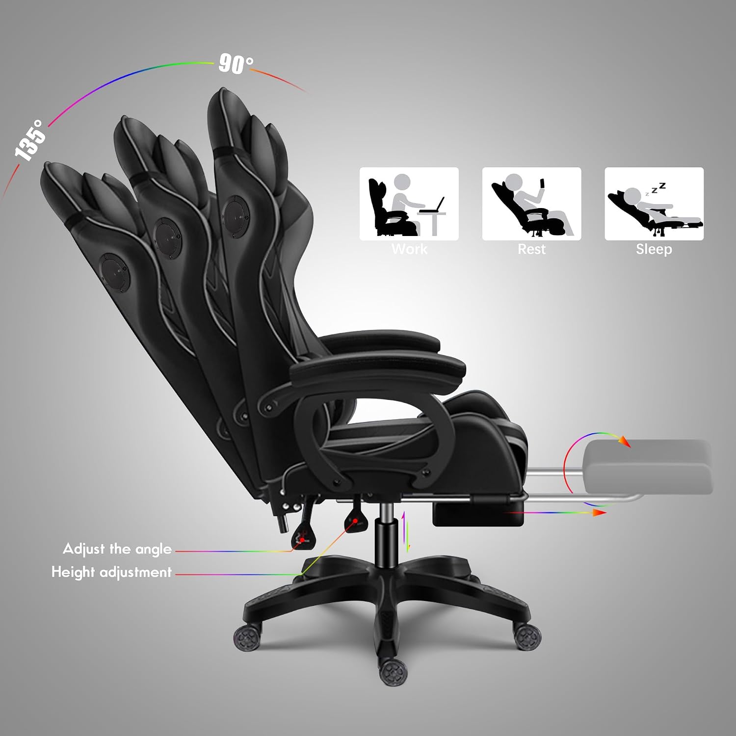 RGB Gaming Chair with Speakers and Massage, Racing Computer Chair with Massage and Footrest for Office or Gaming. (All Black)
