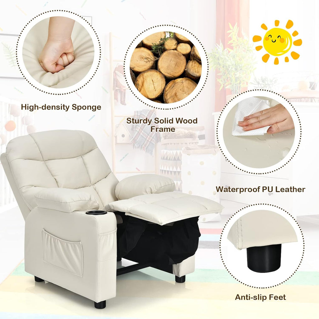 MAT EXPERT Kids Recliner, Leather Adjustable Reading Gaming Chair w/ 2 Cup Holder, 3 Side Pocket Storage & Footrest, Kids Couch Toddler Lounge Chair for Boys Girls, Kids Room Playroom Nursery (Beige)