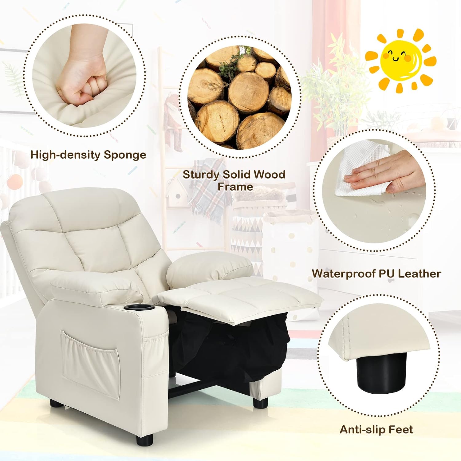 MAT EXPERT Kids Recliner, Leather Adjustable Reading Gaming Chair w/ 2 Cup Holder, 3 Side Pocket Storage & Footrest, Kids Couch Toddler Lounge Chair for Boys Girls, Kids Room Playroom Nursery (Beige)