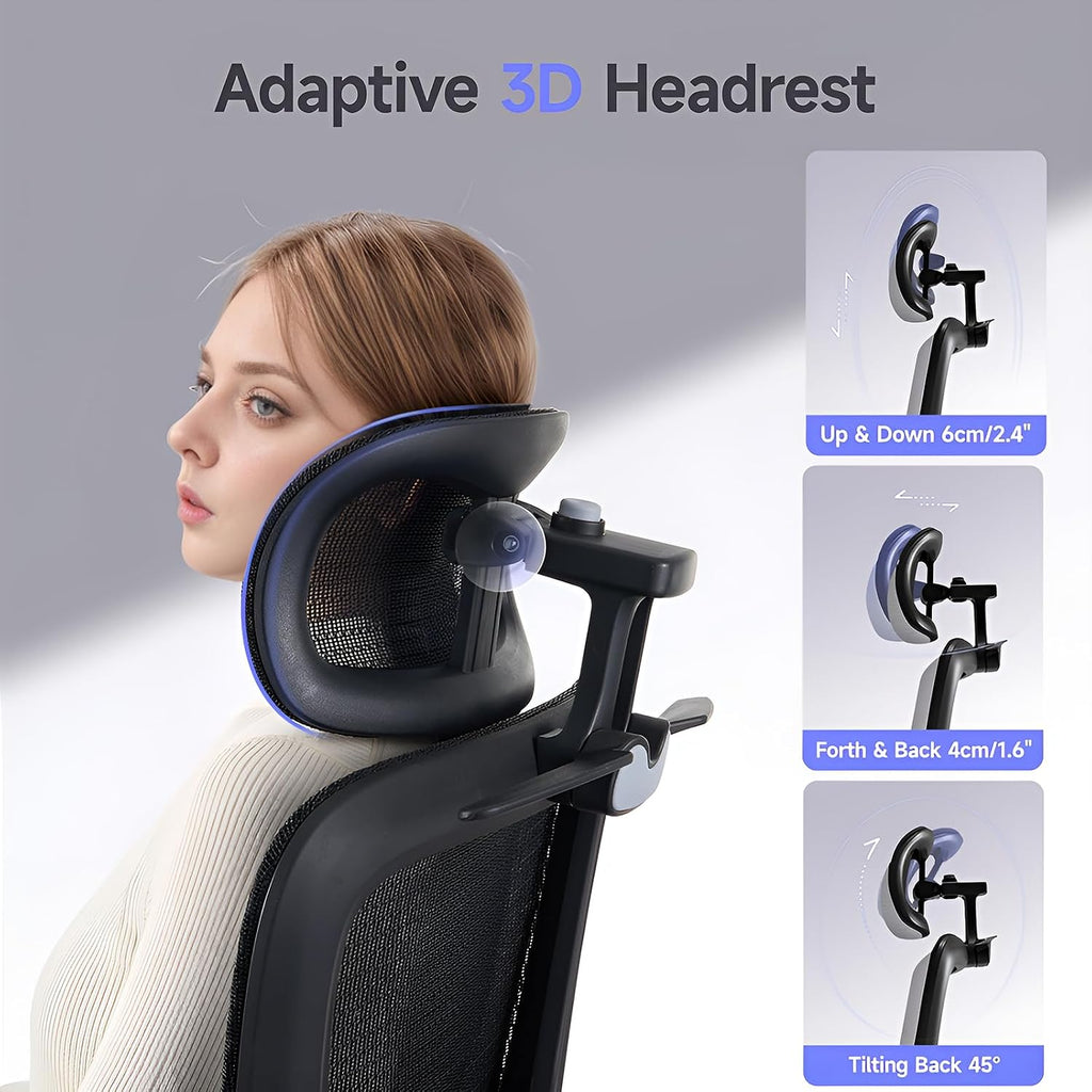 Office Chair with Footrest, Ergonomic Chair with 3D Headrest, Computer Chair with Adjustable Backrest & 3D Armrest, Gaming Chair with Adaptive Lumbar Support, Mesh Backrest & Cushion, Black