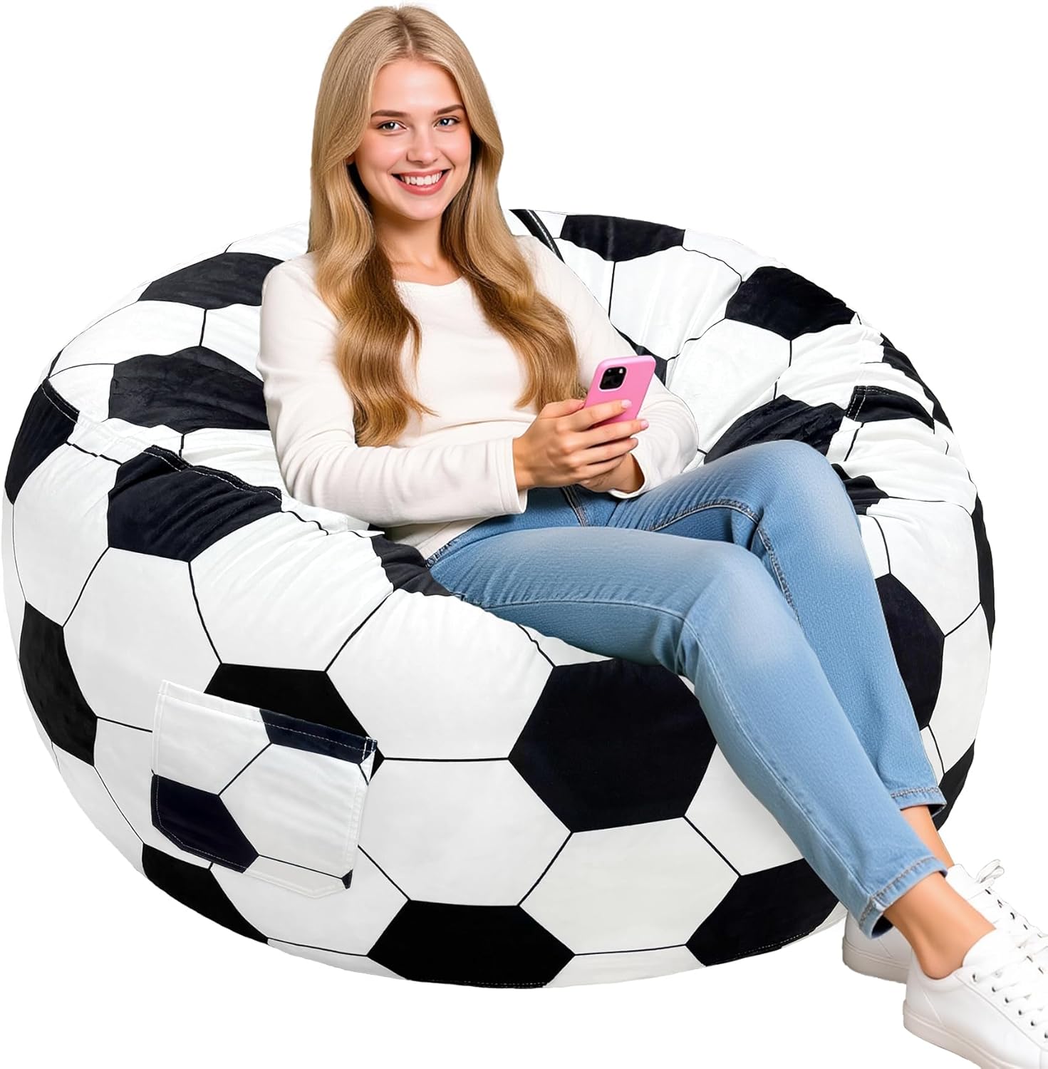 Lukeight Soccer Bean Bag Chair for Teens and Adults, Memory Foam Filled Floor Lounger, Washable Velvet Cover with Inner Liner, Beanbag Chair with Filling for Gaming and Reading, XX-Large 36'D x 20'H