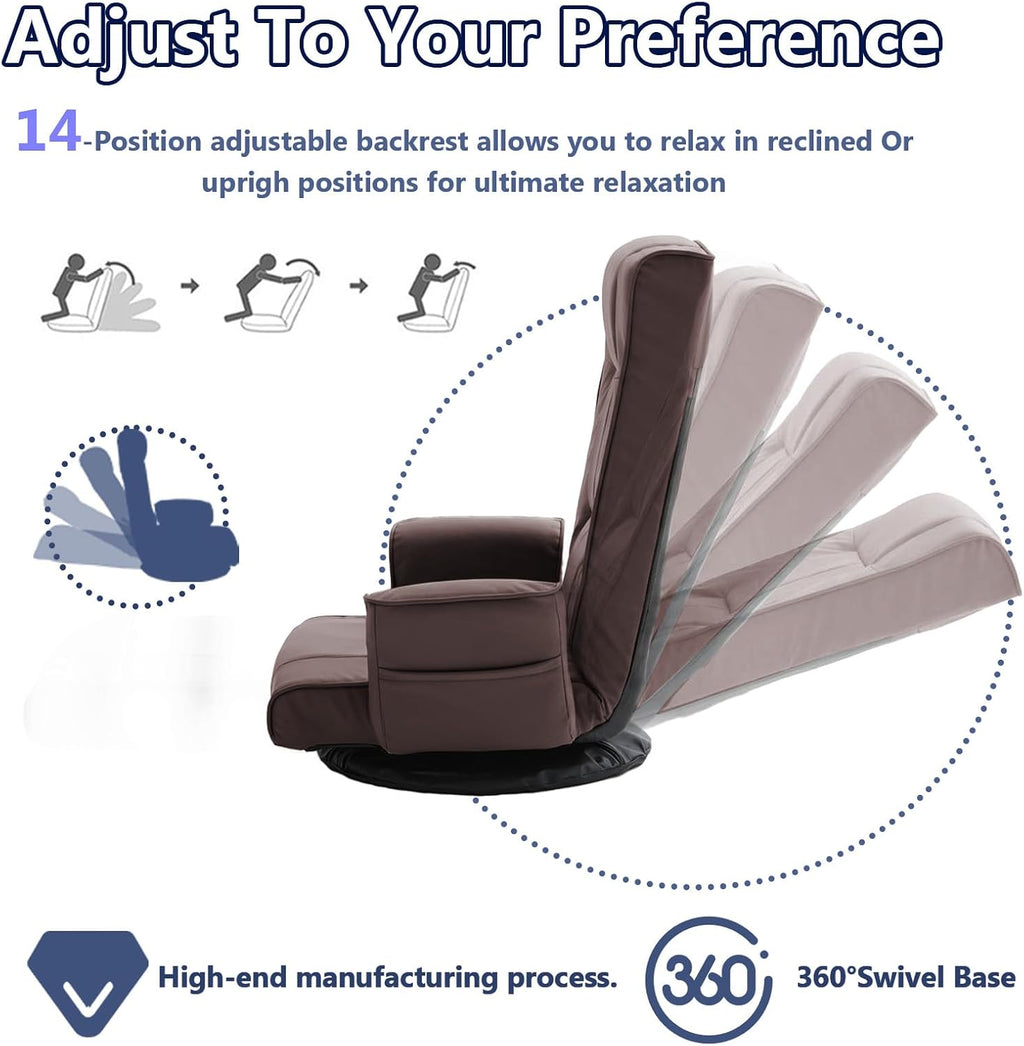 360 Degree Swivel Floor Chairs for Adults, Faux Leather Gaming Floor Chair with Back Support, 14 Angles Adjustable Comfortable Floor Lounge Chair Folding Video Game Chairs Office Bedroom