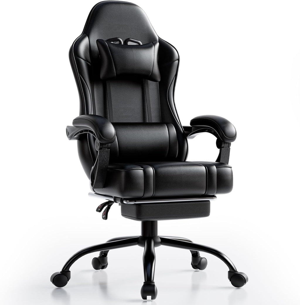 Ergonomic Gaming Chair, Video Game Chair with Pocket Spring Cushion and Footrest, Height Adjustable Computer Chair with Swivel Seat and Headrest (Black)