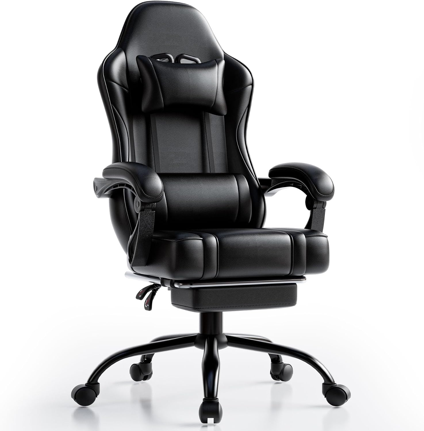 Ergonomic Gaming Chair, Video Game Chair with Pocket Spring Cushion and Footrest, Height Adjustable Computer Chair with Swivel Seat and Headrest (Black)