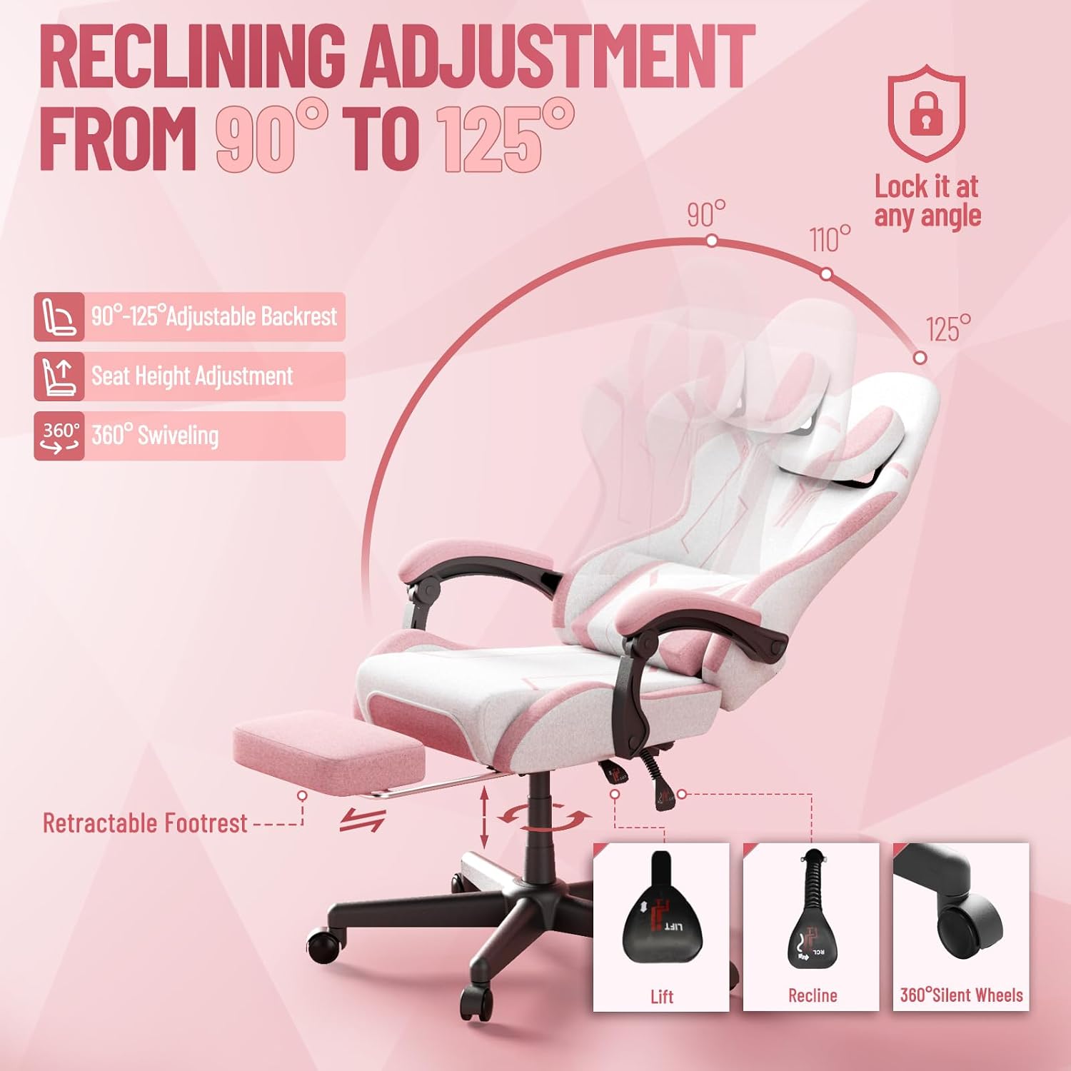 Soontrans Pink Gaming Chair Pink, Fabric Ergonomic Computer Chair with Footrest and Linkage Armrest for Adult, High Back Office Game Chair with Massage Lumbar Support