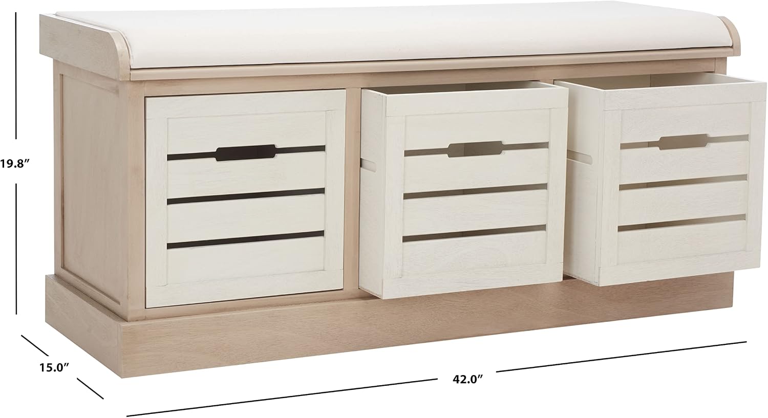 SAFAVIEH Home Collection – Briar 3-Drawer Upholstered Storage Bench, Farmhouse Entryway Accent Bench with Cushion Top, Sand Frame & Distressed White Drawer Fronts (BCH5700B)
