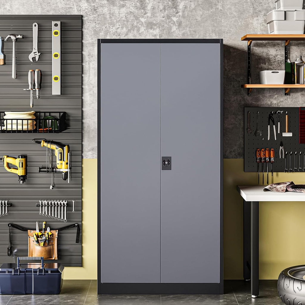 Metal Storage Cabinet with 2 Doors and 4 Adjustable Shelves, 71' Steel Garage Storage Cabinet, Locking Tool Cabinets for Office, Home,School,Kitchen,Garage Tool Utility Cabinet Black Grey