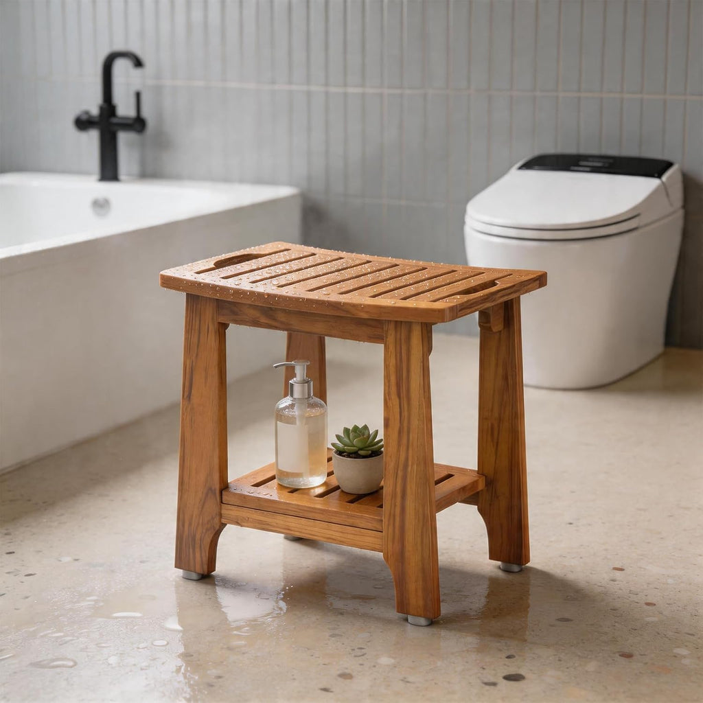 21' Standard Teak Shower Bench with Shelf & Handle - Waterproof, Non-Slip Bath Stool, 300 lbs Capacity - Fits Standard Tubs/Showers & Outdoor Use (Patented)
