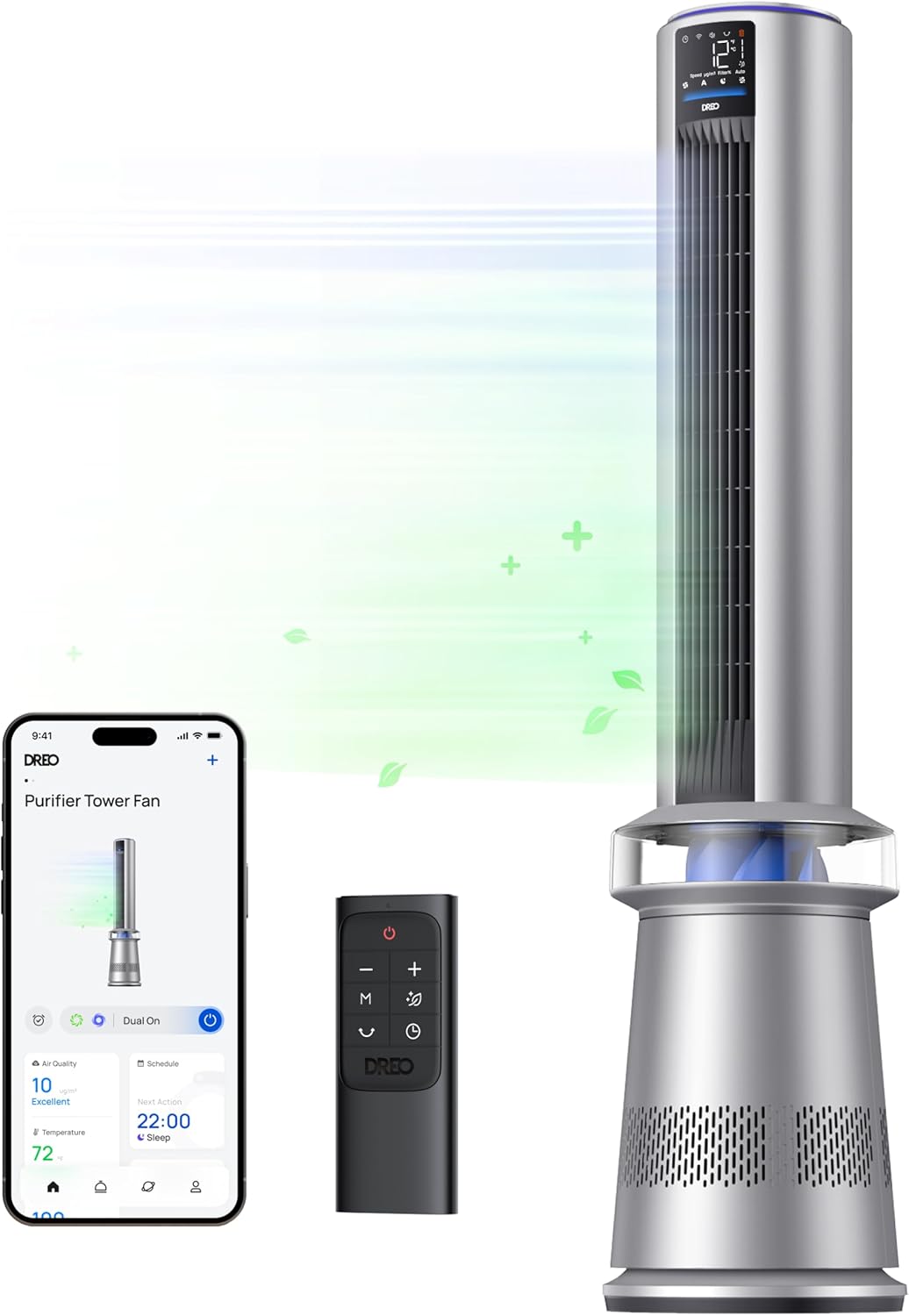 Dreo MC710S Air Purifier Tower Fan, 45' 2-in-1 Smart Fan for Bedroom, 27ft/s Velocity, 120°Oscillation, 24H Timer Bladeless Fans for Home, 25dB Low Noise, Standing Fan Works with Alexa, Silver Blue