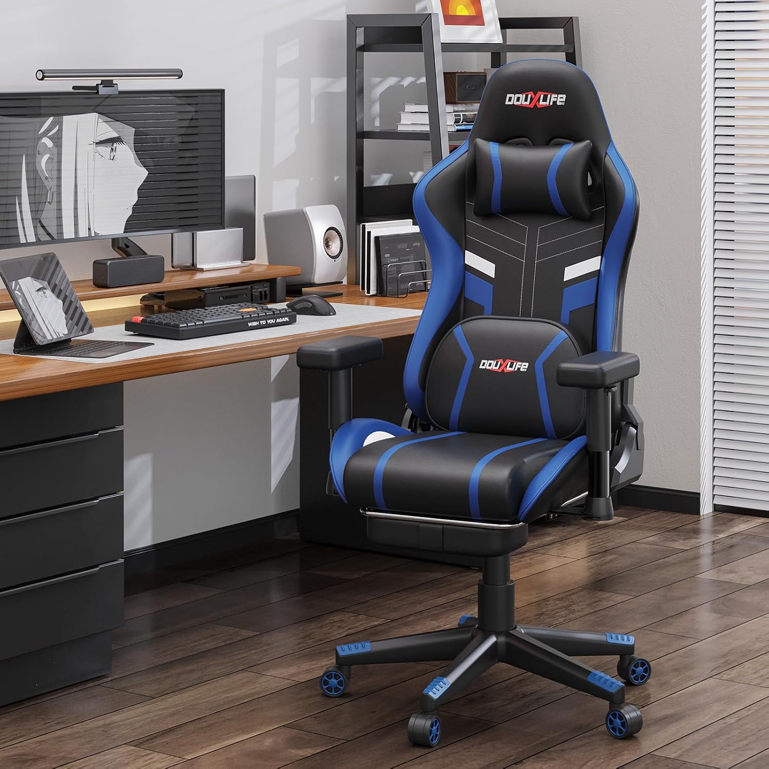 Douxlife 3D Kneading Massage Gaming Chair with Footrest, 400lbs Heavy Duty PC Computer Desk Chair for Adults, Adjustable 2D Armrests, Ergonomic 175° Recline & Optional Heat, Black&Blue