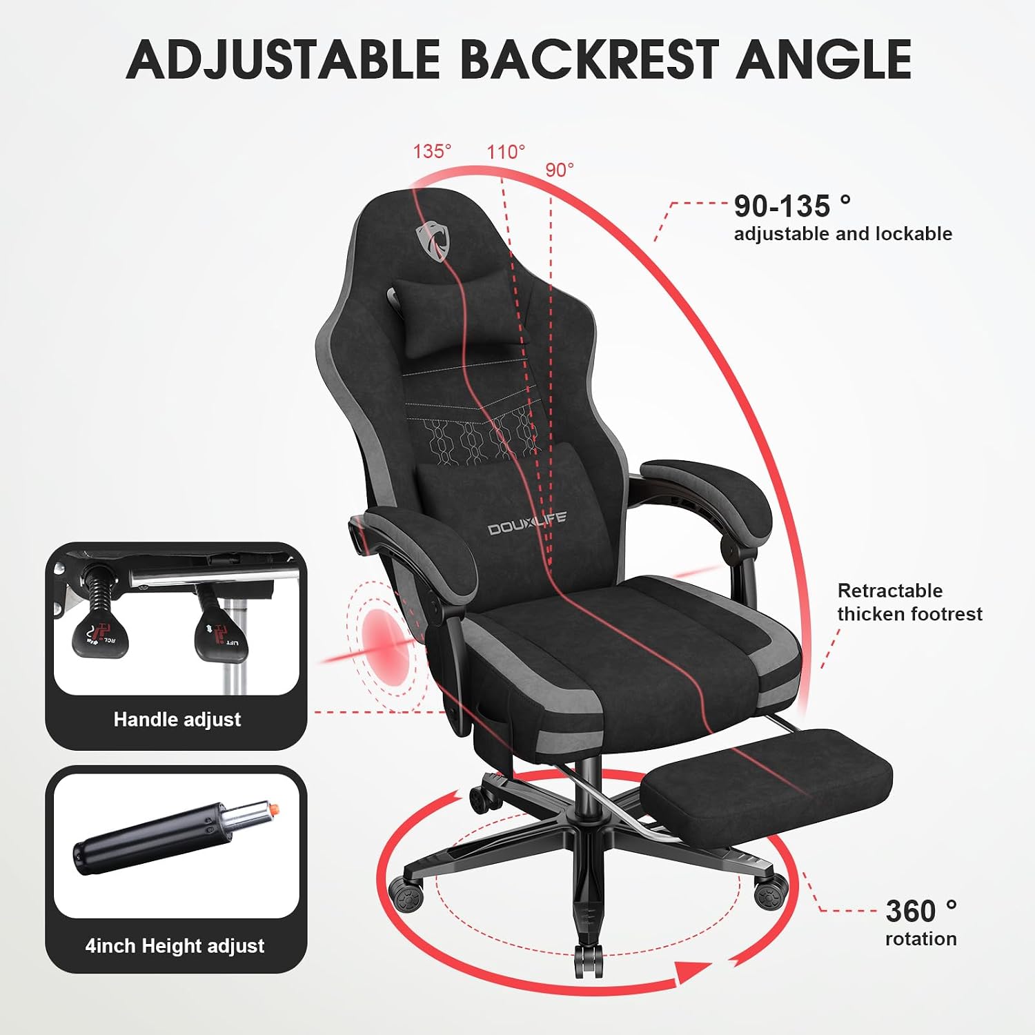 Gaming Chair, Fabric Computer Office Chair with Massage, Ergonomic Chair with Footrest Lumbar Support, Pocket Spring Widened Cushion Metal Legs 350LBS Dark Gray