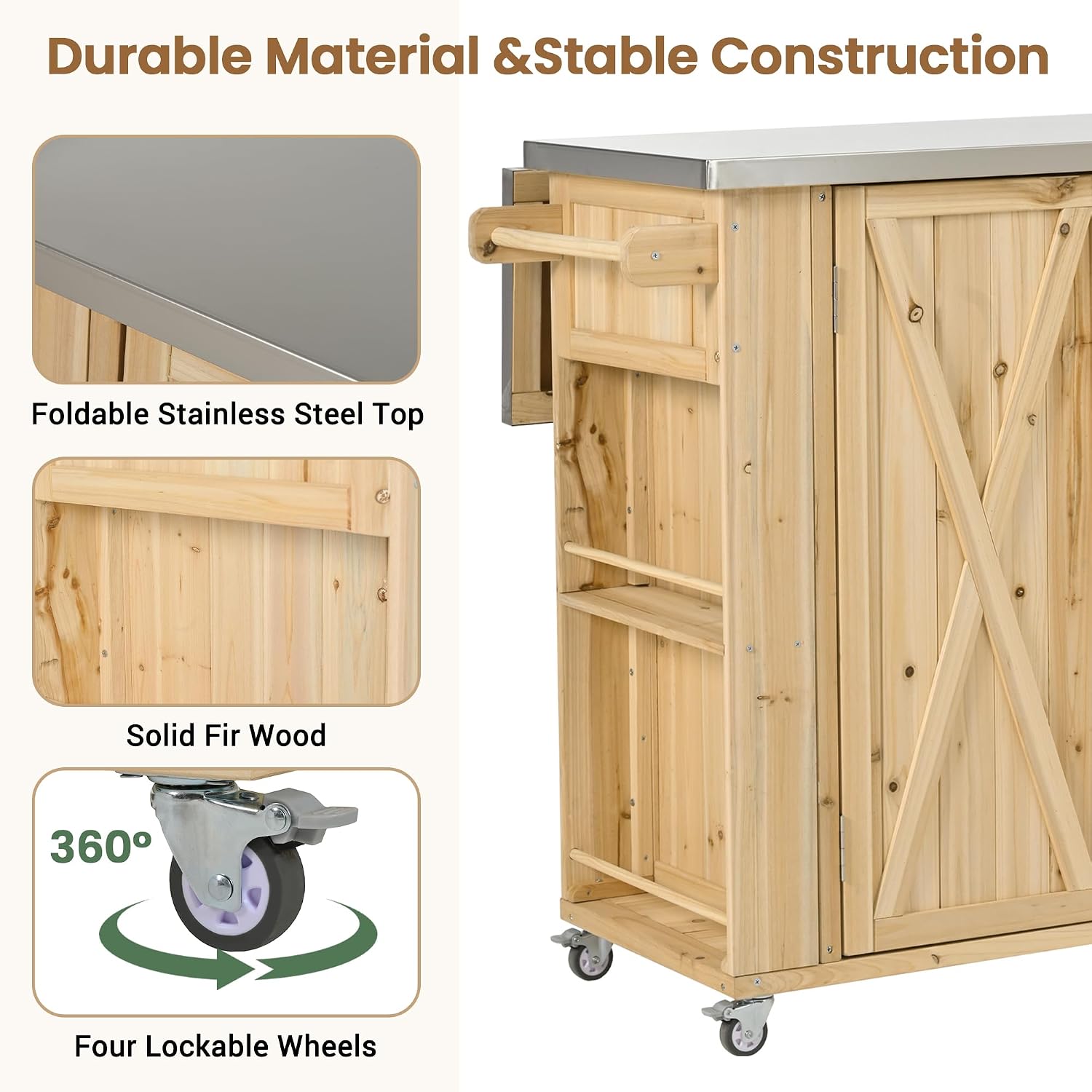 LUMISOL Outdoor Grill Table with Stainless Steel Top, Farmhouse Fir Wood Outdoor Kitchen Island with Ample Storage Space, Rolling Bar Cart with Spice & Towel Rack, and Bottle Opener, Natural