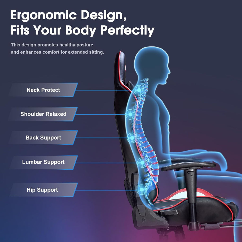 Massage Gaming Chair 7-Point, Office Chair with Footrest and Lumbar Support, Adjustable Seat Height Ergonomic, 175° Reclining Max, Red
