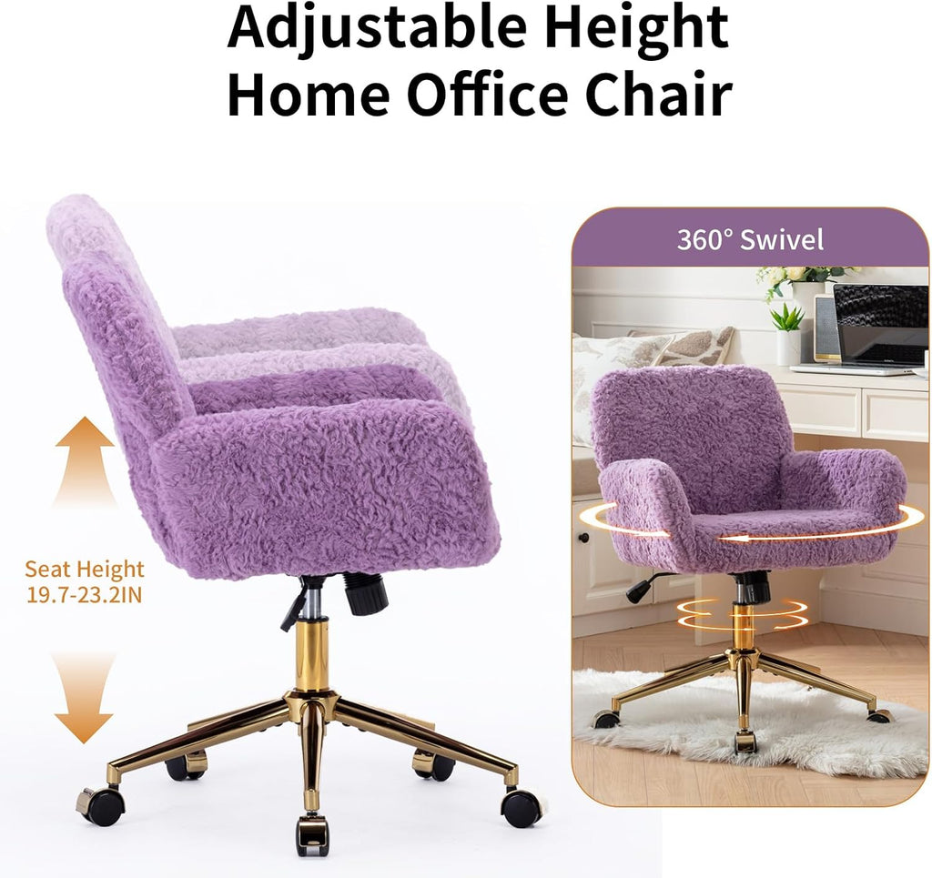 Shenyon Faux Fur Makeup Vanity Chair, Comfy Fuzzy Home Office Desk Chair with Wheels & Gold Base, Upholstered Adjustable Swivel Office Chair for Teens Girls Women Home Office, Violet