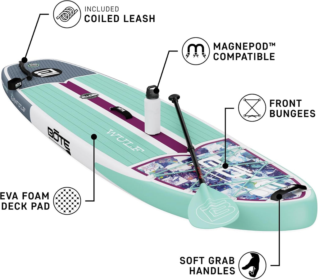 BOTE Wulf Aero Inflatable Stand Up Paddle Board Kit Includes Accessories Adjustable Paddle iSUP Travel Bag Blow Up Pump Safety SUP Coiled Leash Multiple Sizes