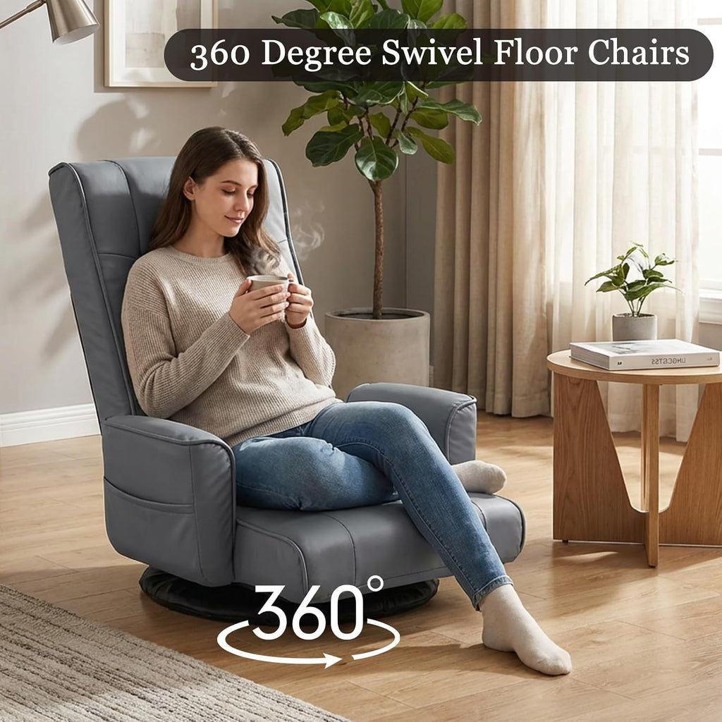 360° Swivel Floor Chair with Armrests, 14-Position Adjustable Floor Lounger for Adults, Folding Padded Floor Seat with Backrest for Gaming, Reading & Living Room (Grey)