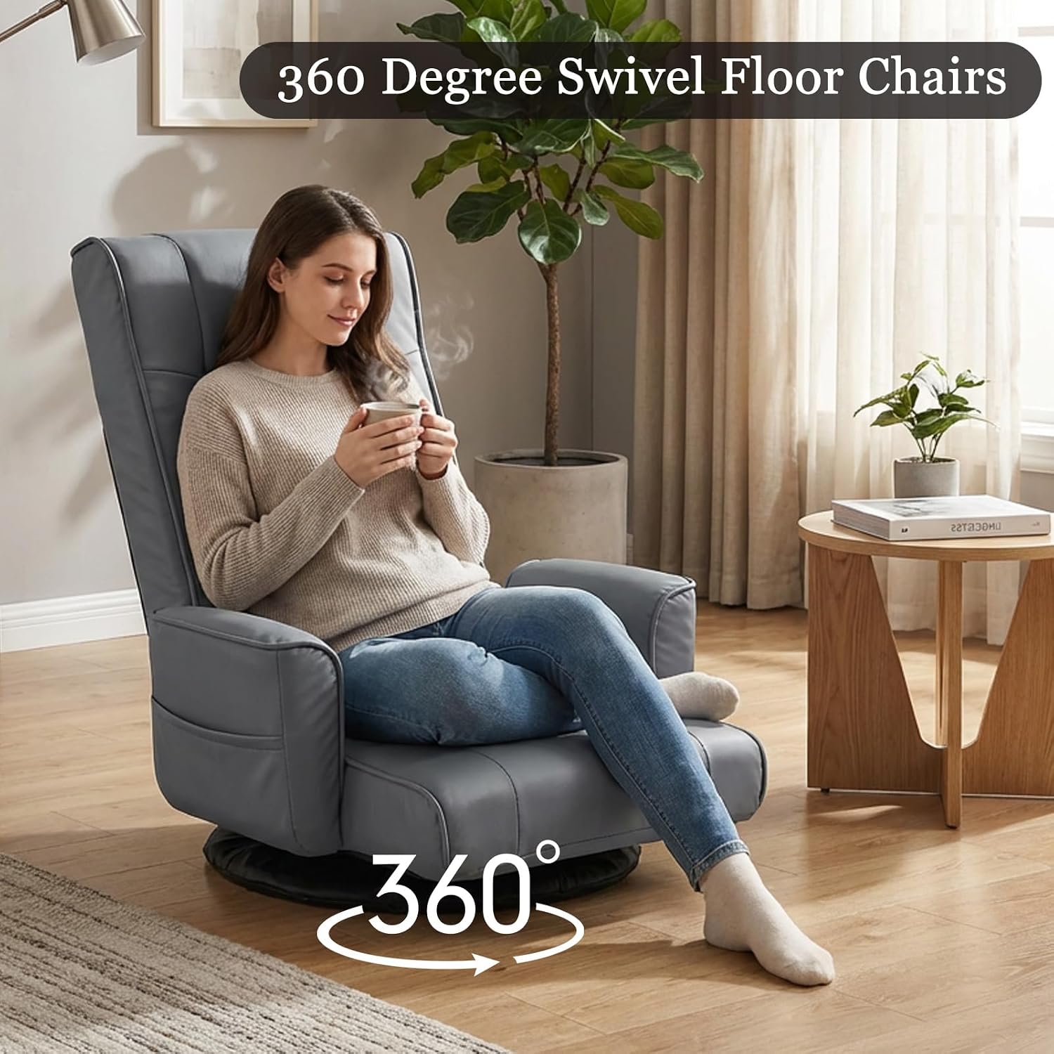 360° Swivel Floor Chair with Armrests, 14-Position Adjustable Floor Lounger for Adults, Folding Padded Floor Seat with Backrest for Gaming, Reading & Living Room (Grey)