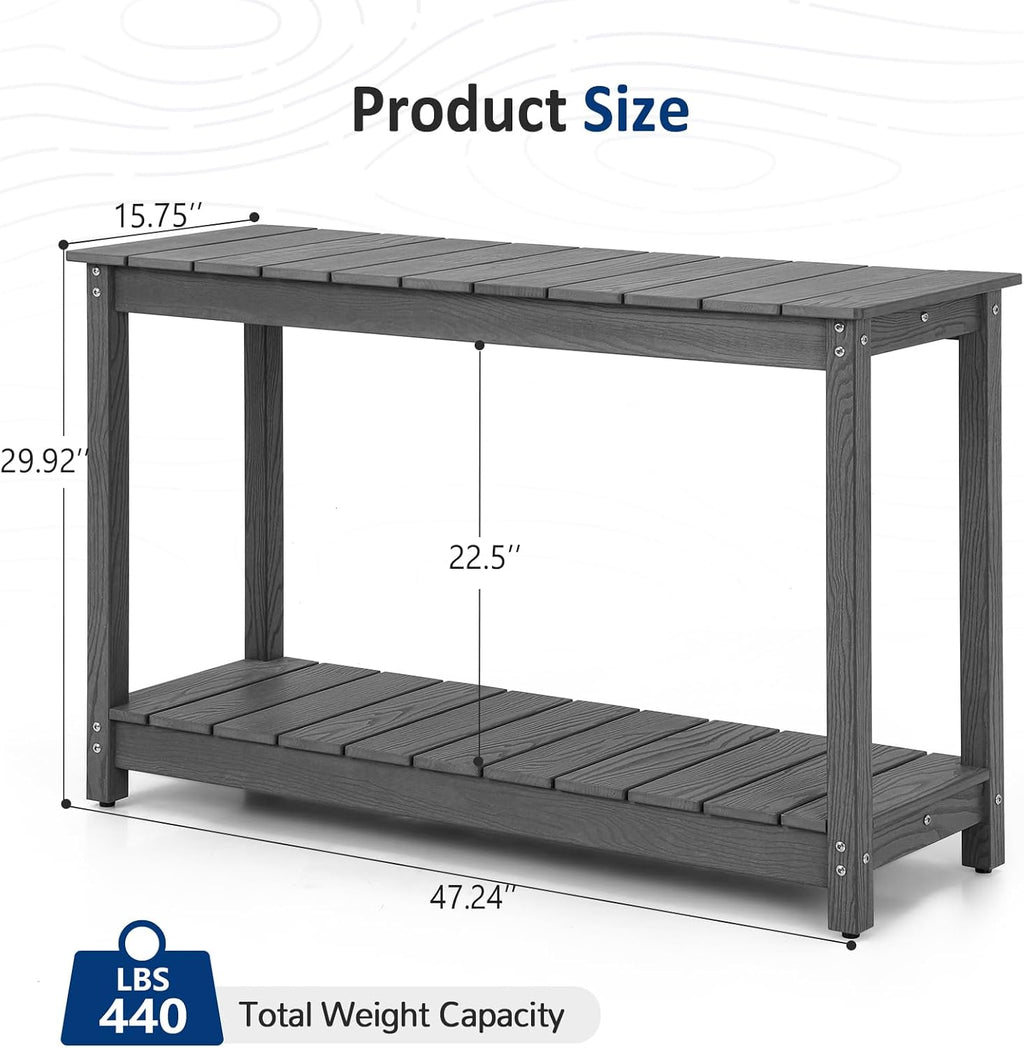 Outdoor Console Table, 48' Weather Resistant HIPS Patio Side Table, 440LBS Weight Capacity, 2-Tier Multifunctional Buffet Bar Storage Organizer for Garden Deck, Gray