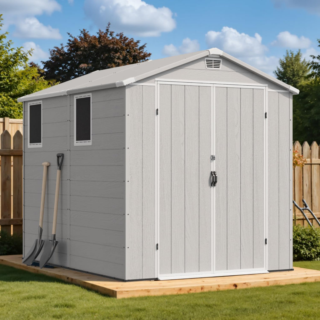 Devoko 6x8 FT Plastic Storage Shed, Waterproof Tool Storage Shed with Lockable Door and Window for Patio, Garden, Backyard, Light Gray