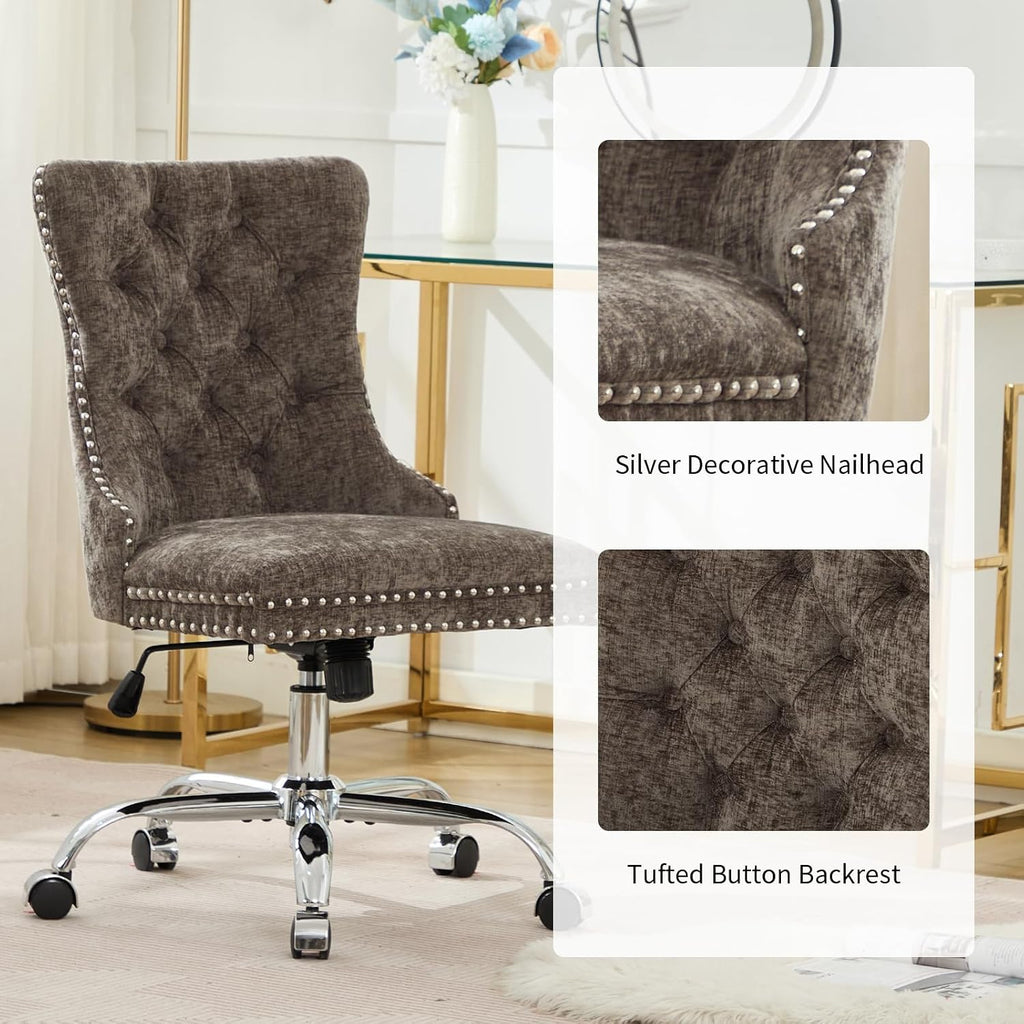 Home Office Chair with Wheels & Silver Base, Cute Chenille Fabric Makeup Vanity Chair with Tufted Back for Bedroom, Upholstered Adjustable Swivel Comfy Desk Chair for Girls Women, Grey