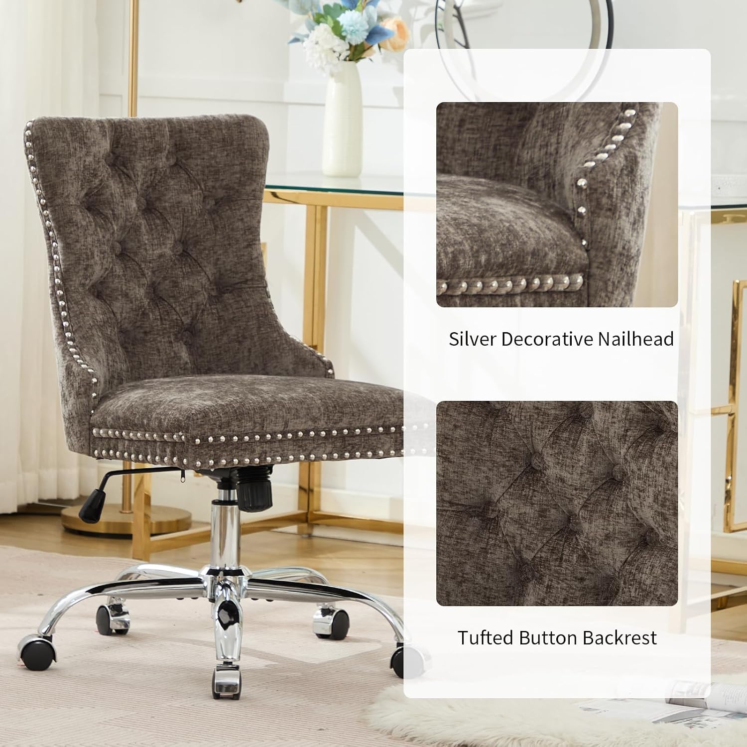 Home Office Chair with Wheels & Silver Base, Cute Chenille Fabric Makeup Vanity Chair with Tufted Back for Bedroom, Upholstered Adjustable Swivel Comfy Desk Chair for Girls Women, Grey