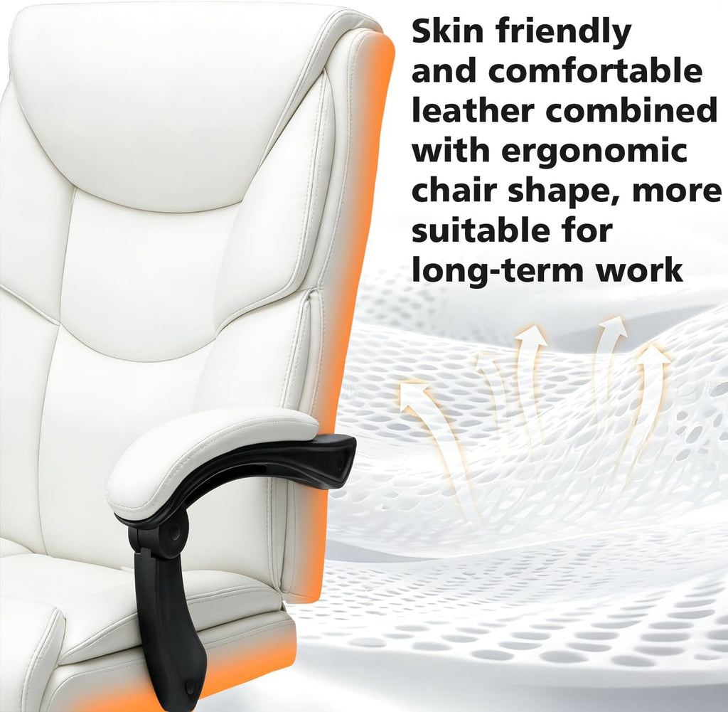 WAILOR 400lbs Office Chair with Foot Rest, Reclining Big and Tall Office Chair with Lumbar Support, High Back PU Leather Computer Chair,Comfy Desk Chair for Home Office (Casual) (White)