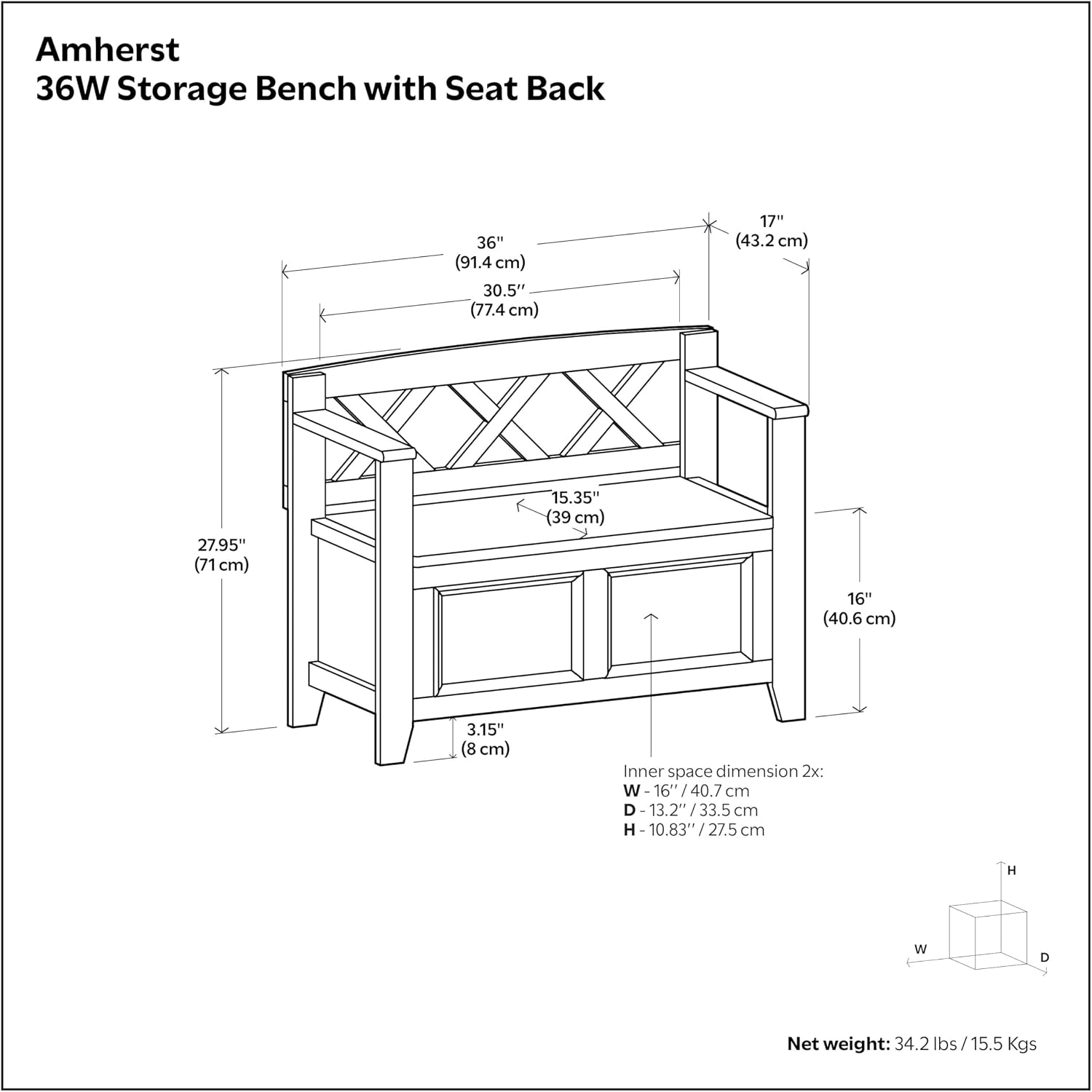 SIMPLIHOME Amherst Entryway Storage Bench - 36 inch Wide Solid Wood Hallway Bench in Black, Transitional Bench for Entry or Mudroom with Lift-Up Lid, Storage Compartments and X-Back Detail