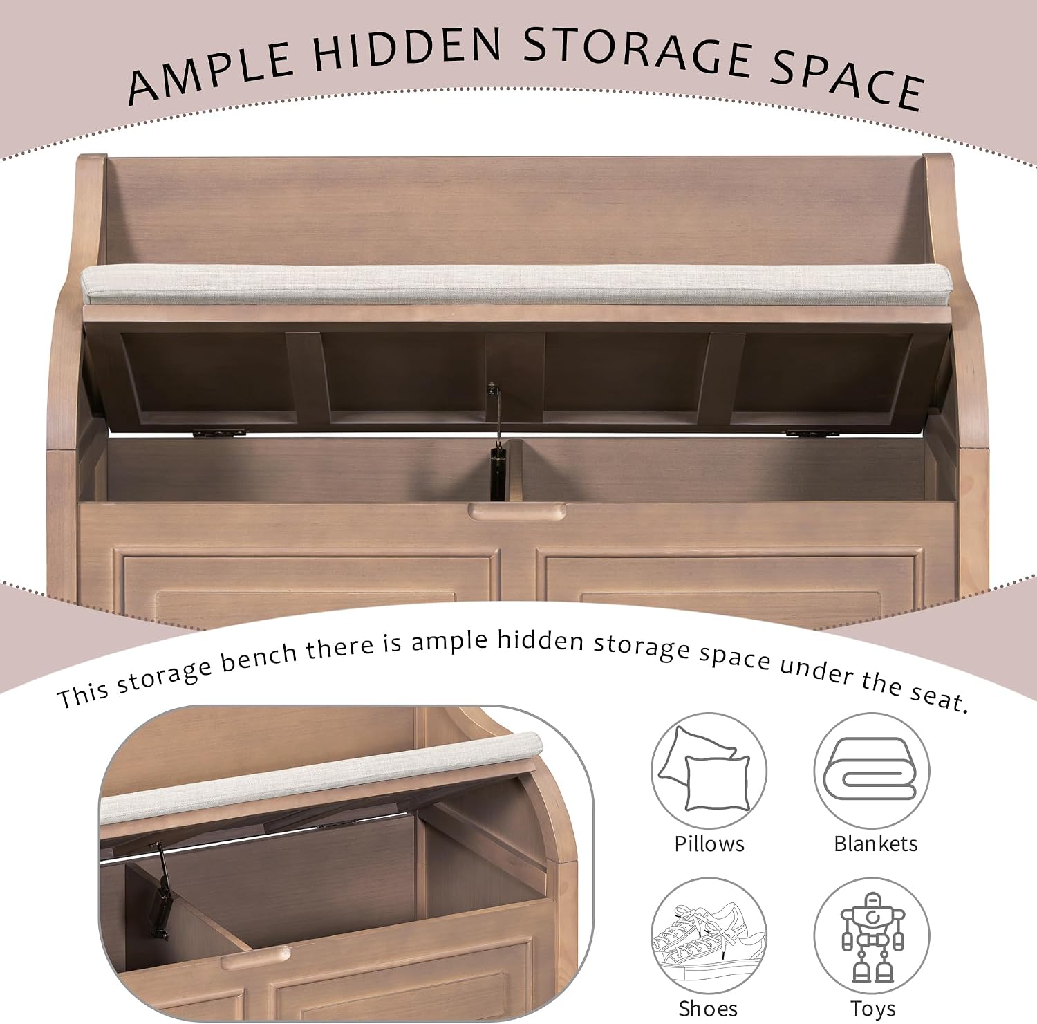Bellemave Storage Bench with Safety Hinge Wooden Entryway Benches with Shoe Cabinets Under Seat Multifunctional Storage Bench for Entryway, Foyer or a Mudroom (Brown + Beige)