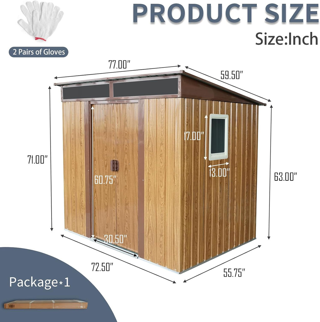 JT 6X4.5FT Outdoor Storage Shed, Galvanized Metal Garden Shed with Window and Metal Foundation, Tool Storage Shed for Patio Lawn Backyard (Coffee-with The window-6ftx4.5ft)