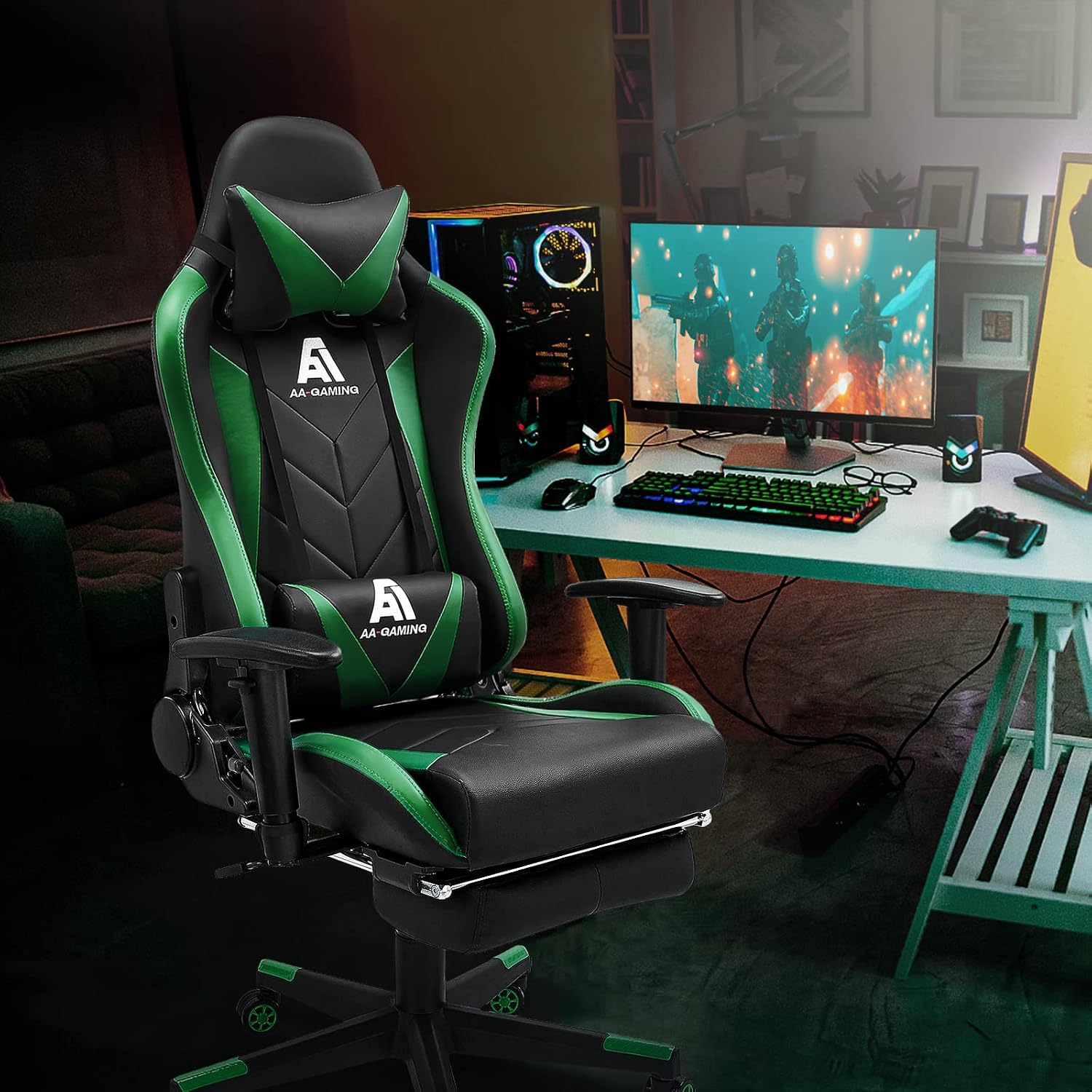 Gaming Chair High Back Ergonomic Computer Racing Chair Adjustable Office Chair with Footrest, Lumbar Support Swivel Chair - Upgraded Version Blackgreen