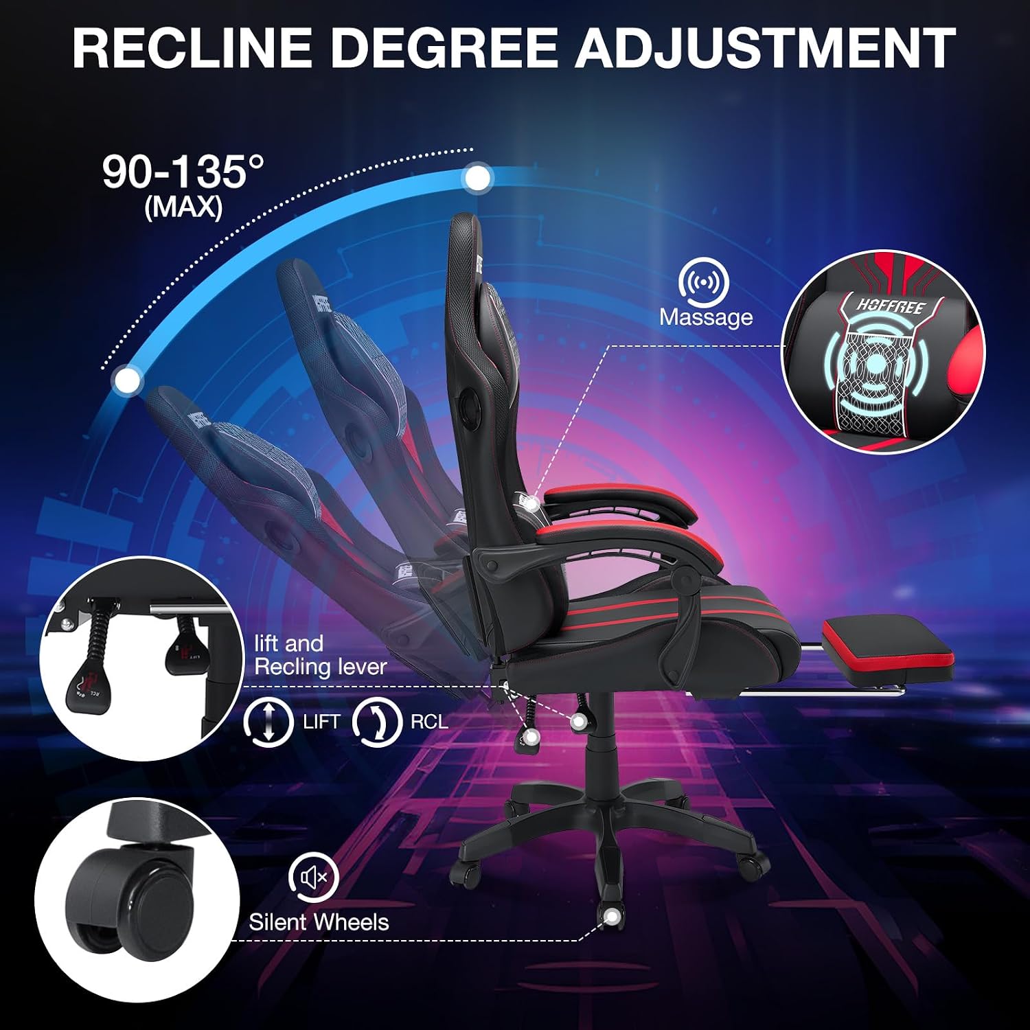 HOFFREE LED Gaming Chair with Speakers and Massage Video Game Chair Big and Tall with Footrest Gamer Chair for 400lbs Computer Desk Chair Red and Black, Red+black, HOGC-MAX303