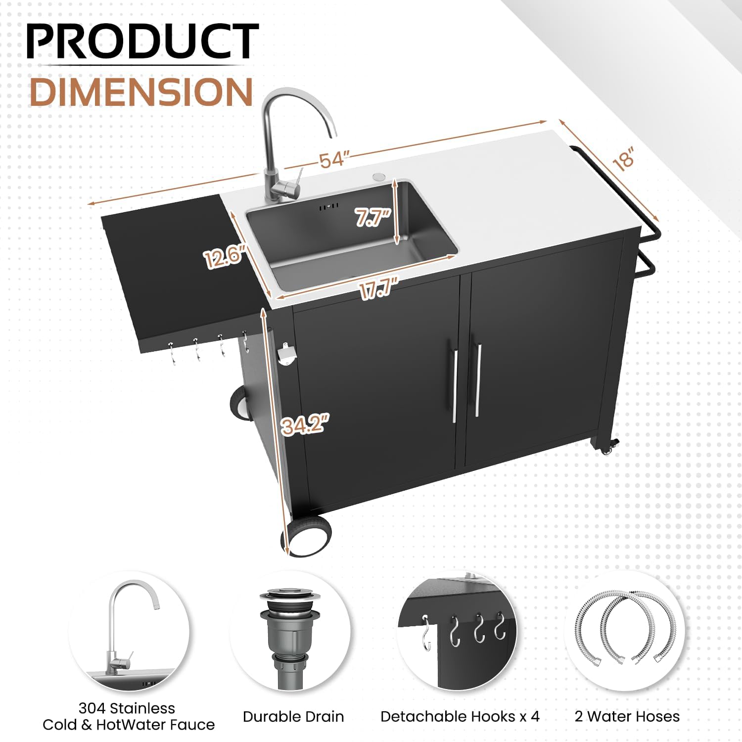 Grill Table with Sink, Outdoor Stainless Steel Kitchen Island Cabinets Sink Station with Hose Hook up & Lockable Casters, Rolling BBQ Table for Backyard