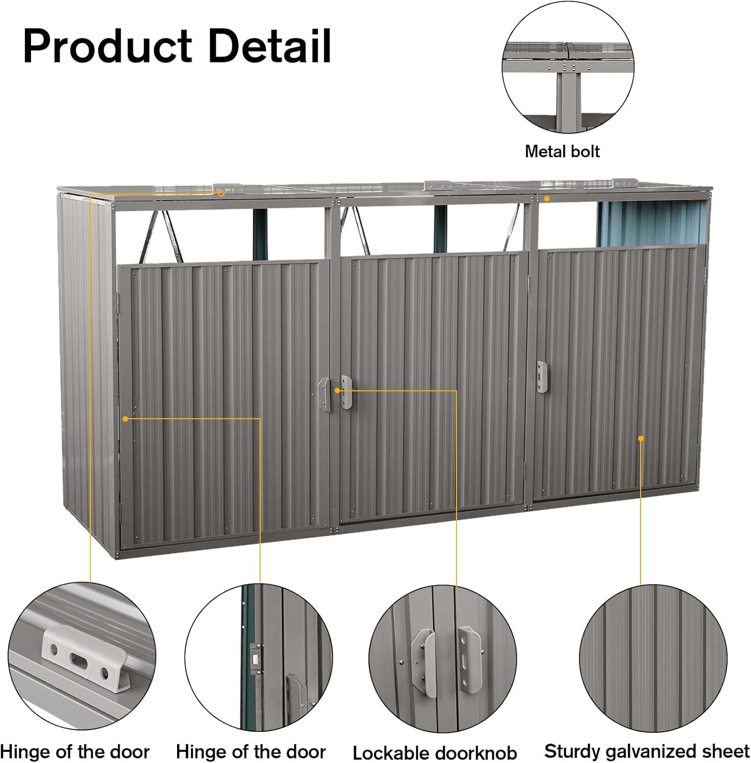 Outdoor Trash Can Storage, Storage Shed for 3 Trash cans and Tools,Waterproof Garbage Bin shed,Metal Trash Can Storage Shed Outdoor for Garden Yard(Light Grey-3 Doors)